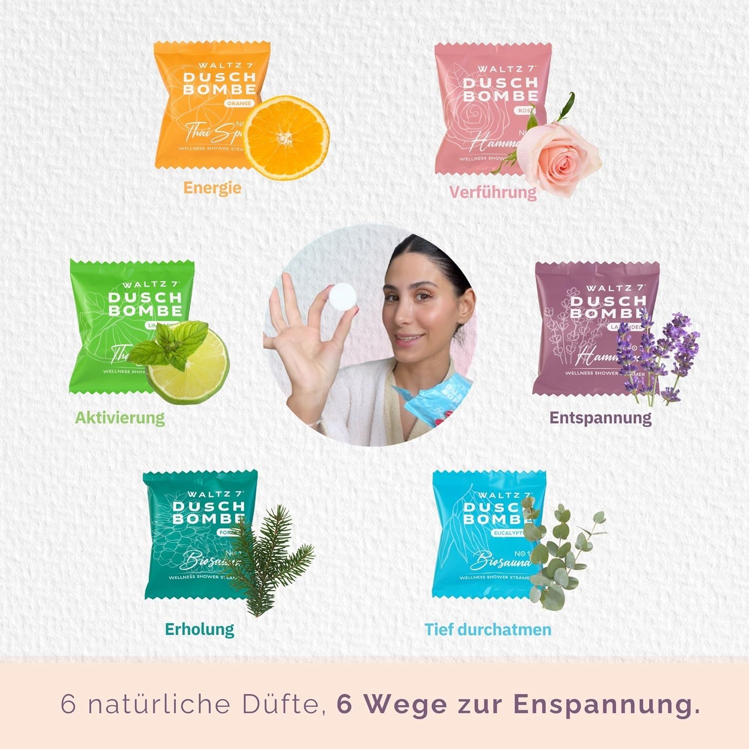 WALTZ 7 Original Duschbomben-Set, 6-teilig mit 6 Düften, Qualität aus Europa, Badebomben-Alternative, kleines Geschenk für Frauen, Freundin, Männer, Geschenkidee zum Muttertag – Bild 4
