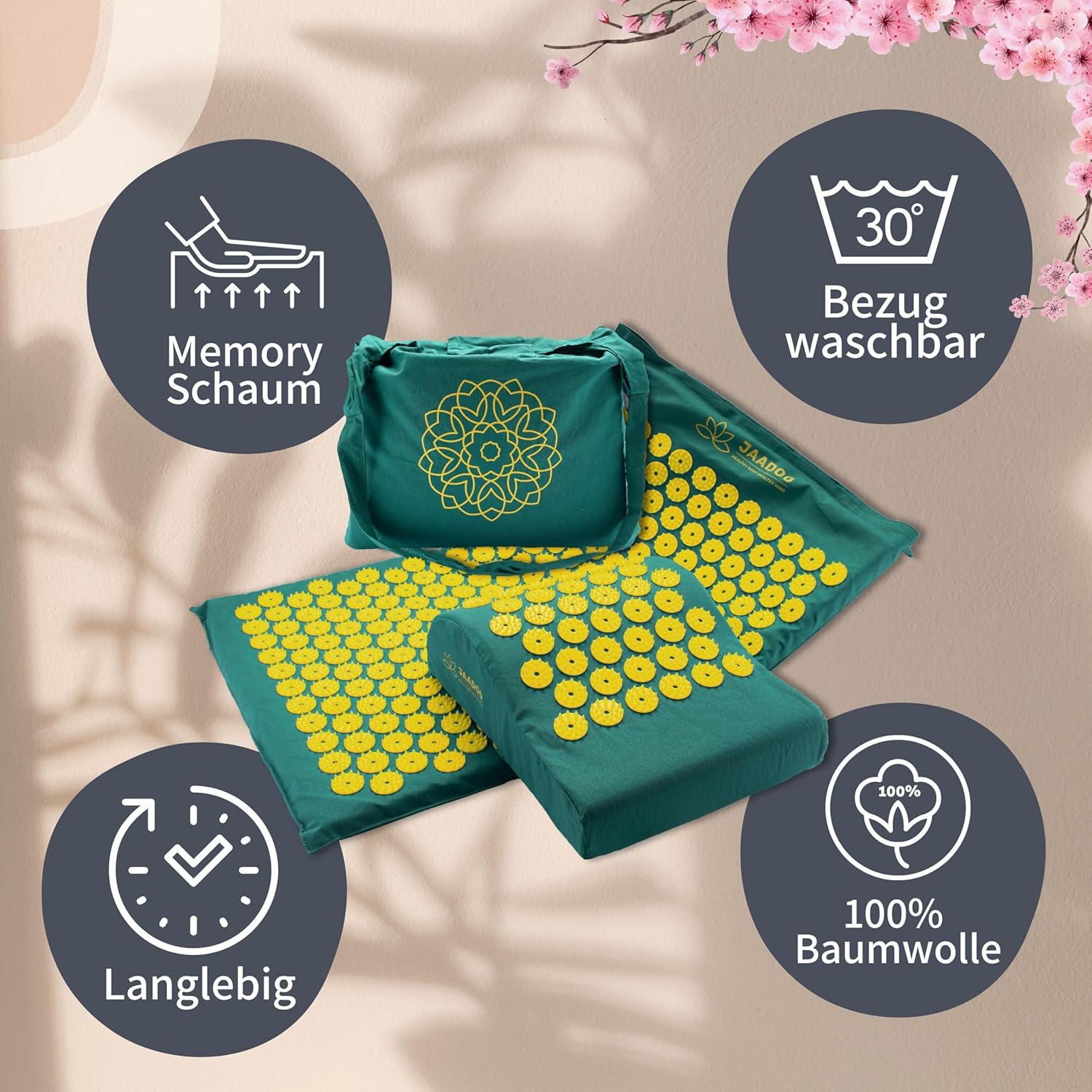 Akupressurmatte mit Kissen – perfekt für Anfänger (Memory-Schaum passt sich an) – Entspannung pur – Bezug aus 100 % Baumwolle – Acupresum-Matte grün – Bild 5