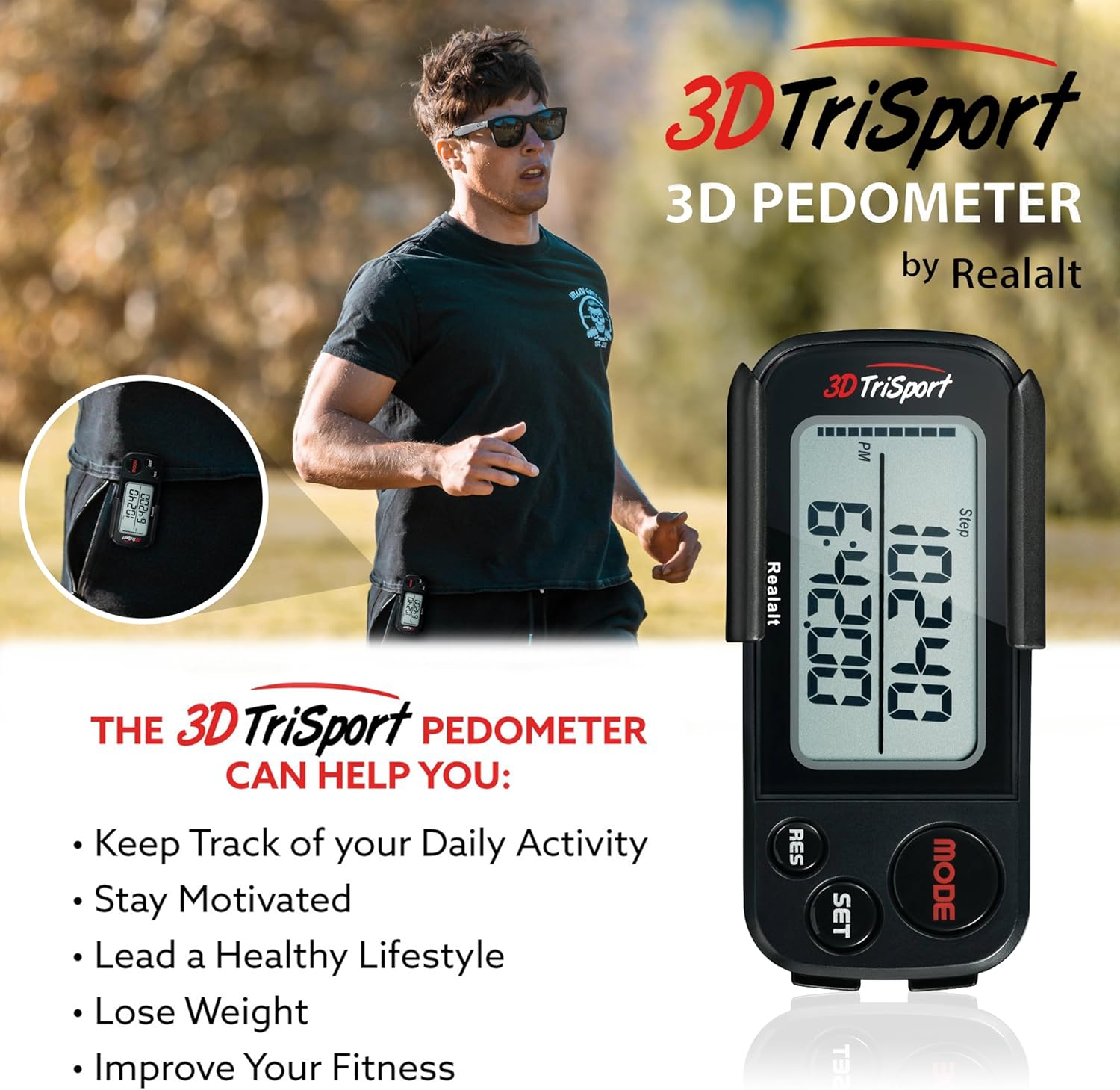 Realalt 3DTriSport 3D-Schrittzähler. Präziser Schrittzähler mit Clip und Riemen – Bild 3