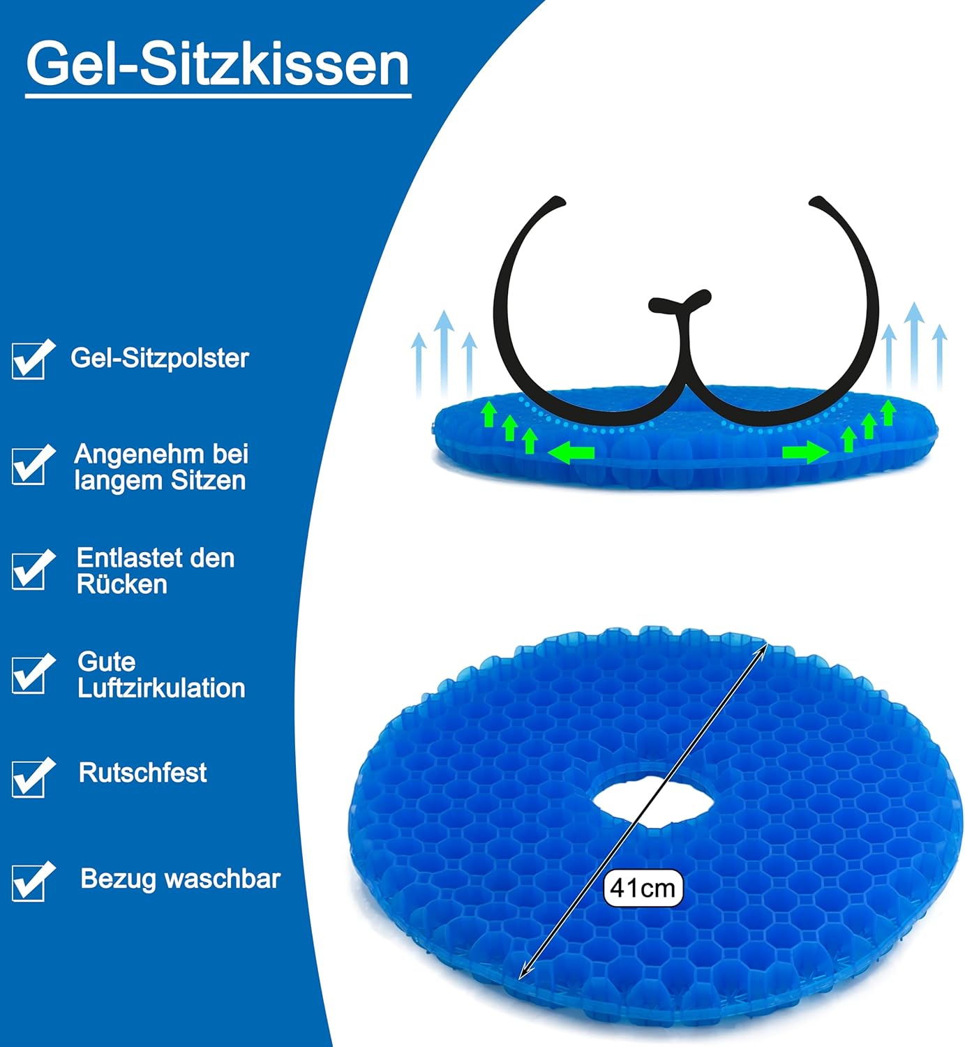 Gelkissen mit kühlender Gelschicht, Donut-Kissen gegen Steißbeinschmerzen, Autokissen, Sitzkissen rutschfest, orthopädisches Gesäßkissen für Hämorrhoiden, atmungsaktives orthopädisches Sitzkissen – Bild 2