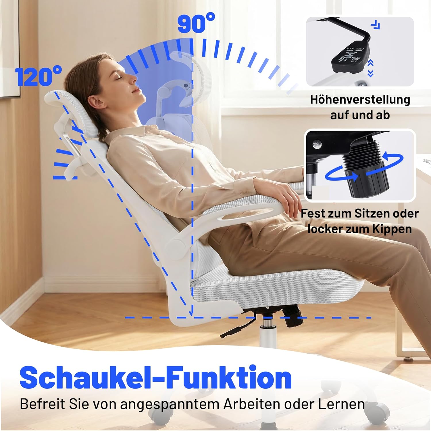 Ergonomischer Bürostuhl mit Kopfstütze, verstellbarer Lordosenstütze & Netzbezug, höhenverstellbarer Drehstuhl bis 150 kg, Computerstuhl ideal für Büro und Home Office, Weiß – Bild 7