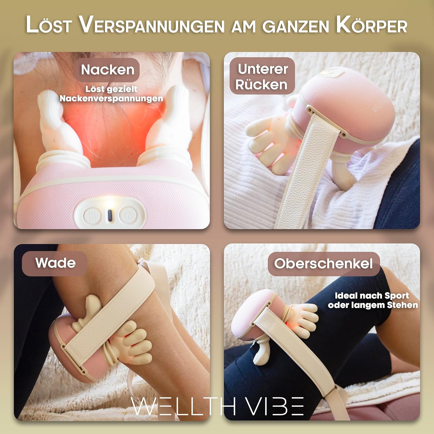 Nackenmassagegerät mit Wärme, Shiatsu-Massagegerät für Nacken, Schulter und Rücken, 4D-Tiefenmassage wie echte Hände, kabellos elektrisch, 3 Intensitätsstufen, tragbar für Zuhause, Büro, Auto – WELLTH VIBE – Bild 4