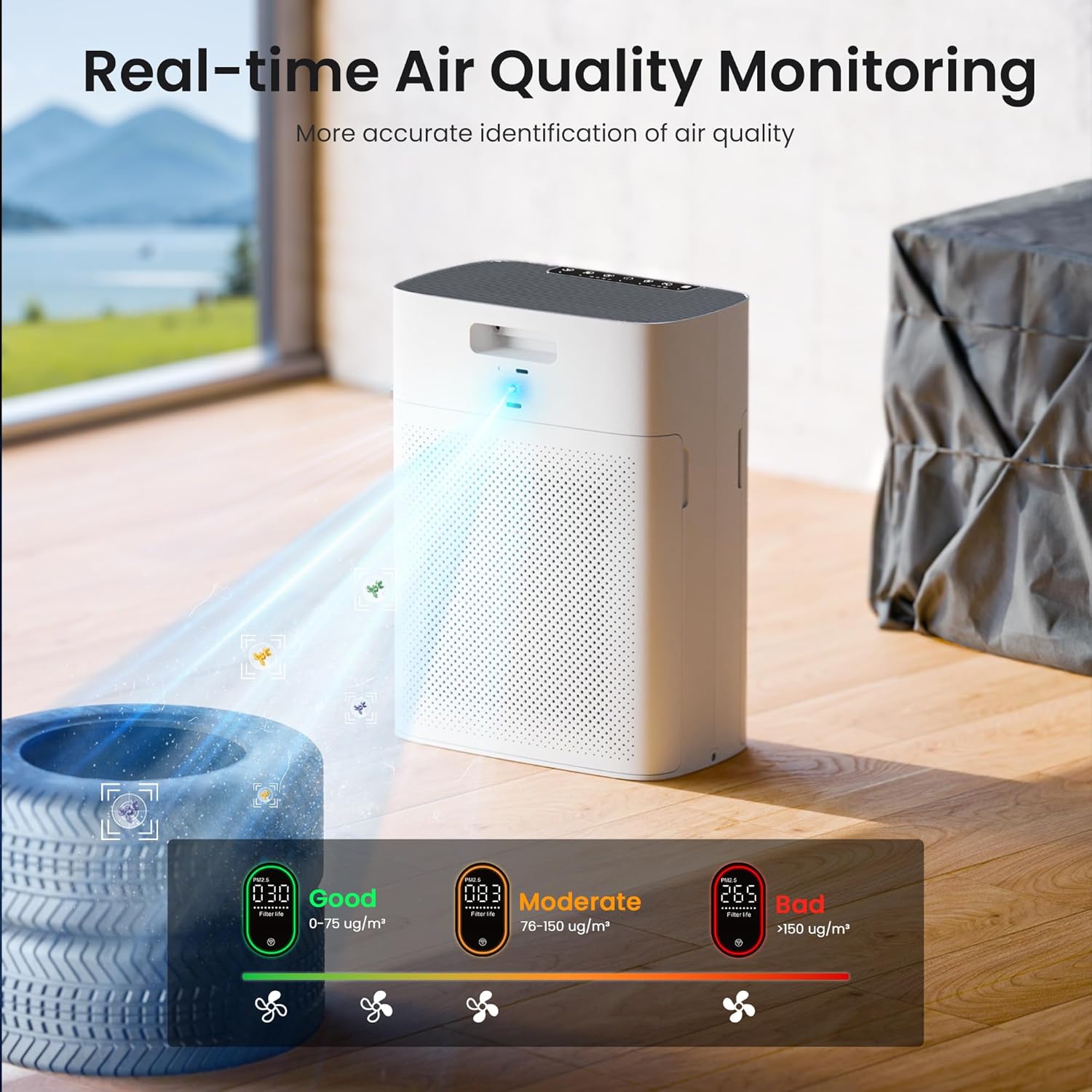 MERONTE Luftreiniger für Zuhause und Raucherzimmer, allergikerfreundlich, HEPA-Filter gegen Staubpollen, CADR 300 m³/h für 100 m², 24 dB leise, Timer, Luftqualitäts-Feedback & Auto-Modus, 1 Packung + 3 Modi – Bild 6