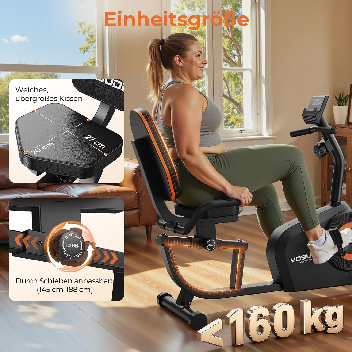 YOSUDA Liegeergometer Testsieger, 16 Widerstufen, Magnetbremse, Leise Liegerad Heimtrainer, verstellbarer Sitz, einfache Montage, LCD-Display und Pulssensoren, 160kg, Heimtrainer Fahrrad für Zuhause – Bild 5