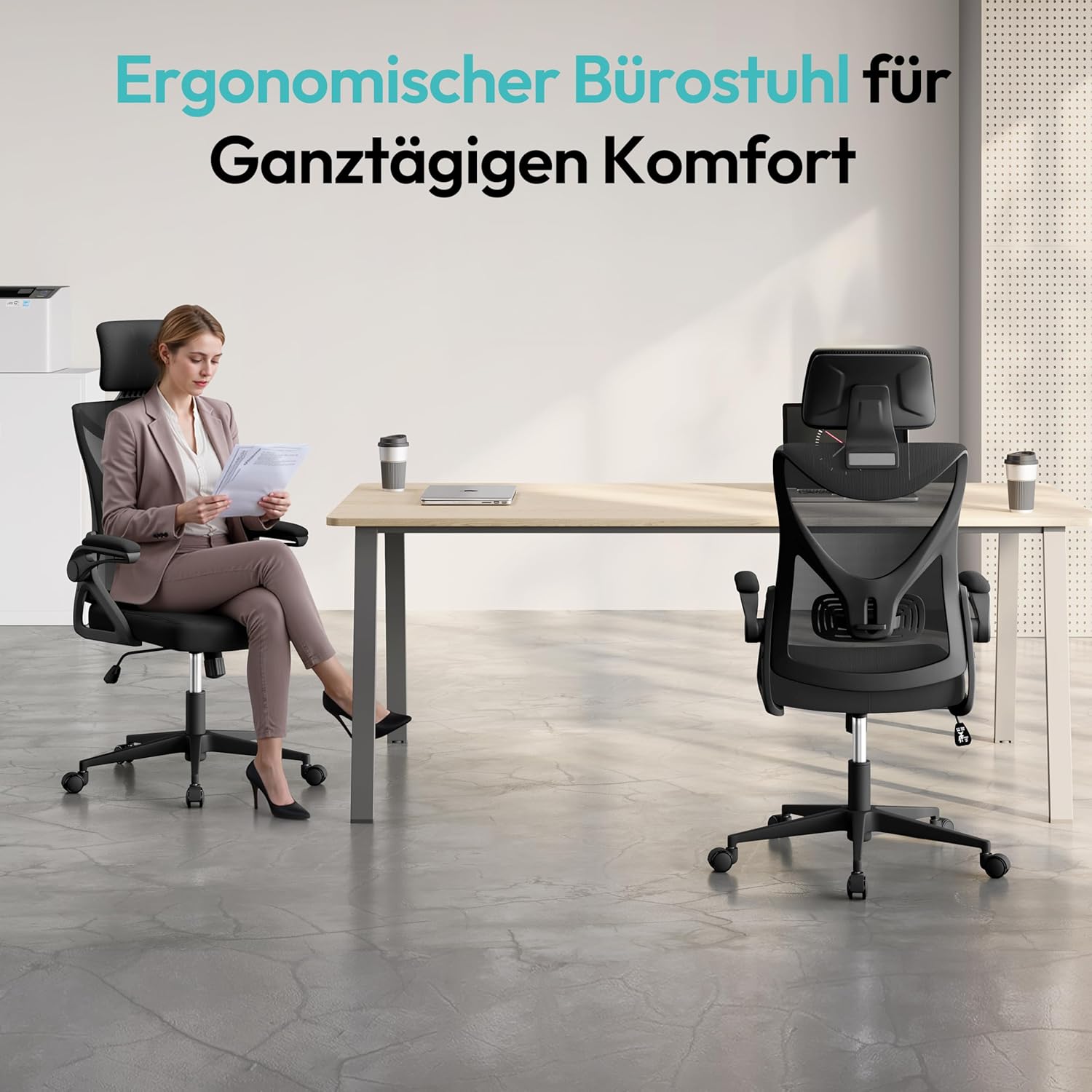 Yaheetech Ergonomischer Bürostuhl, Schreibtischstuhl mit klappbaren Armlehnen, Drehstuhl mit Rückenlehne und verstellbarer Kopfstütze, Chefsessel, Wippfunktion, maximale Belastung 136 kg, Schwarz – Bild 3