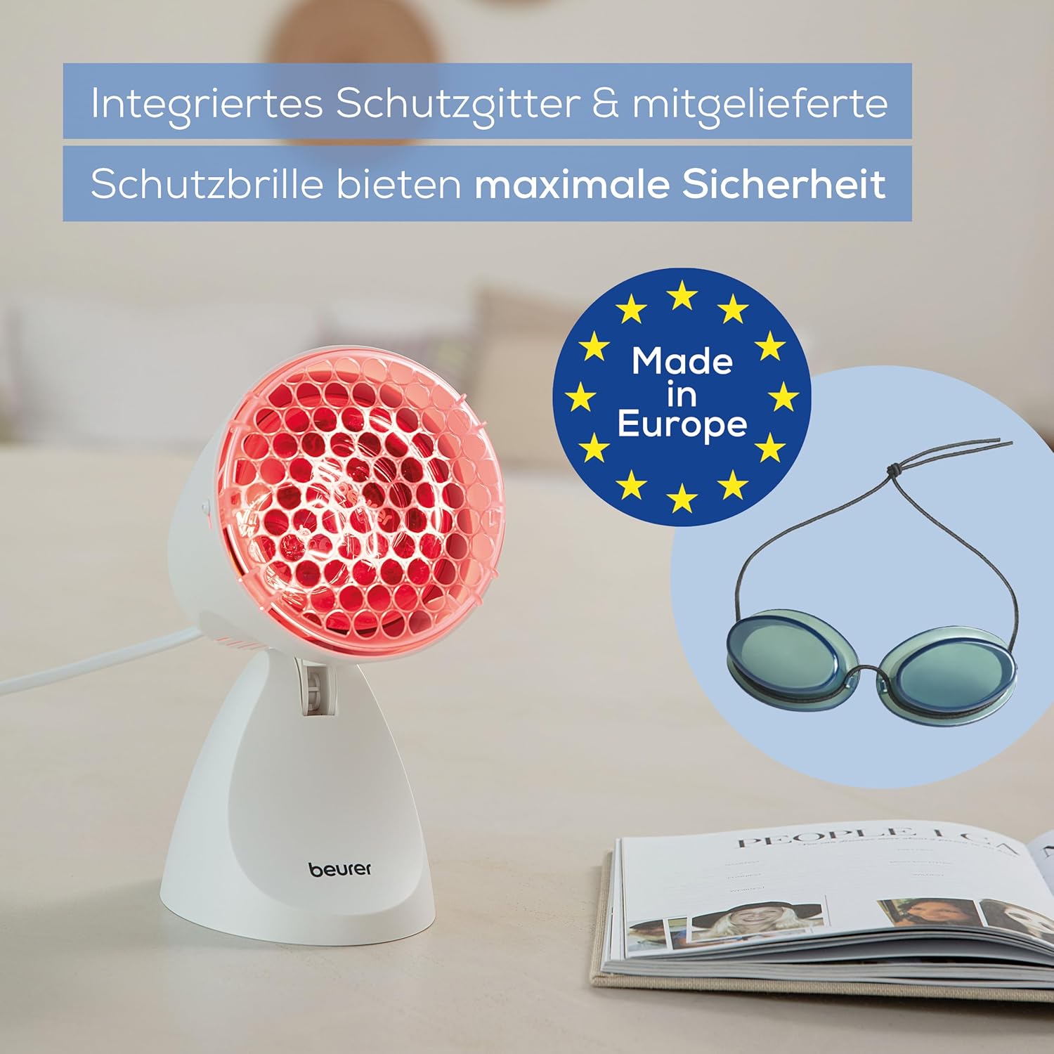 Beurer IL 11 Infrarotlampe mit Schutzgitter – Medizingerät mit wohltuender Wärme bei Kälte und Muskelverspannungen – 5 Neigungsstufen – inklusive Schutzbrille – weiß – Bild 3
