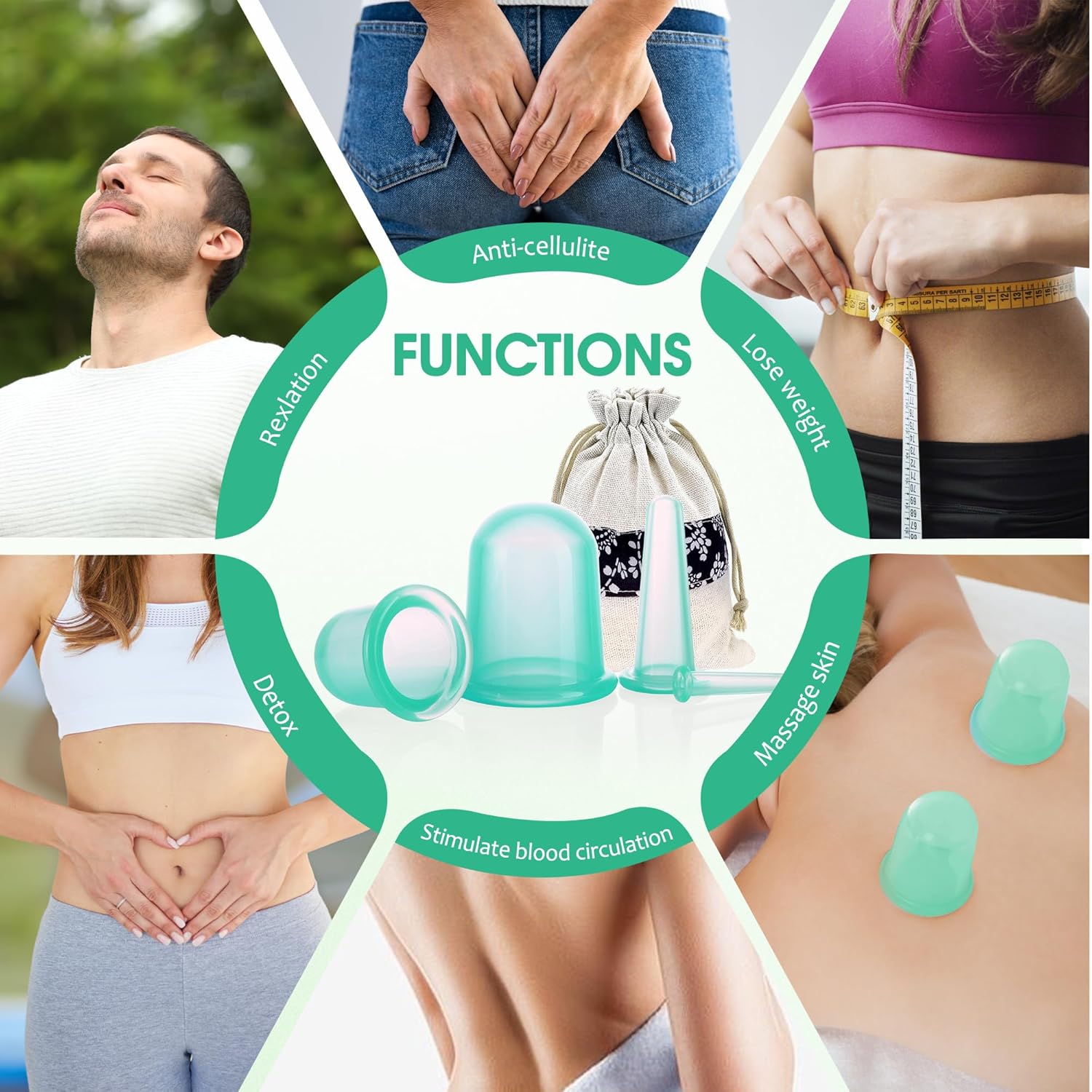 DazSpirit Schröpfgläser Silikon 4 Stück, Schröpfgläser Silikon Massagegerät Werkzeuge Set, Schröpfglas Cellulite gegen Verspannungen für Körper und Gesicht, Schröpfmassage (Grün) – Bild 6