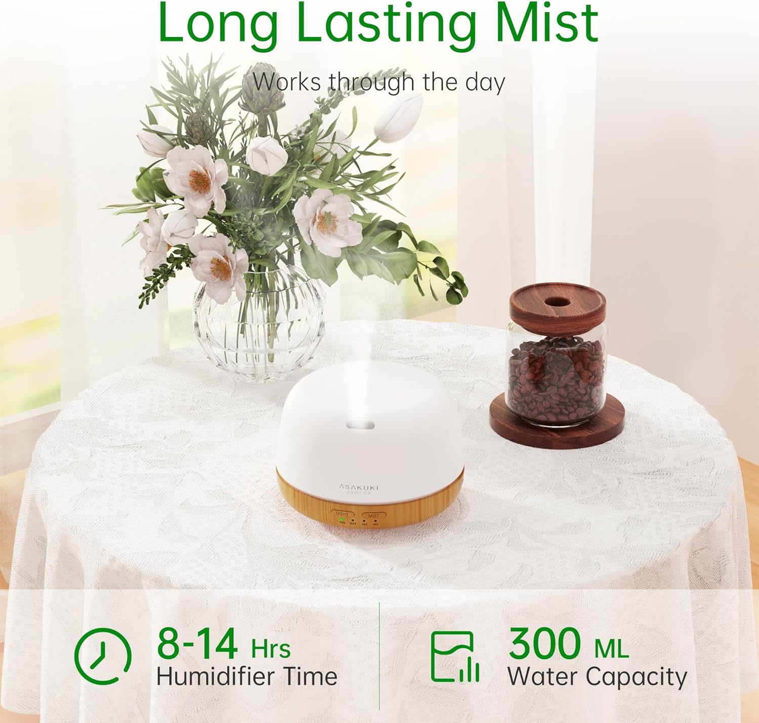 ASAKUKI Aromadiffusor, 300 ml Ultraschall-Aromatherapie-Diffusor für ätherische Öle, Luftbefeuchter mit Fernbedienung, automatische Abschaltung im wasserlosen Zustand und 7 Arten von LED-Lichtfarben – Bild 2