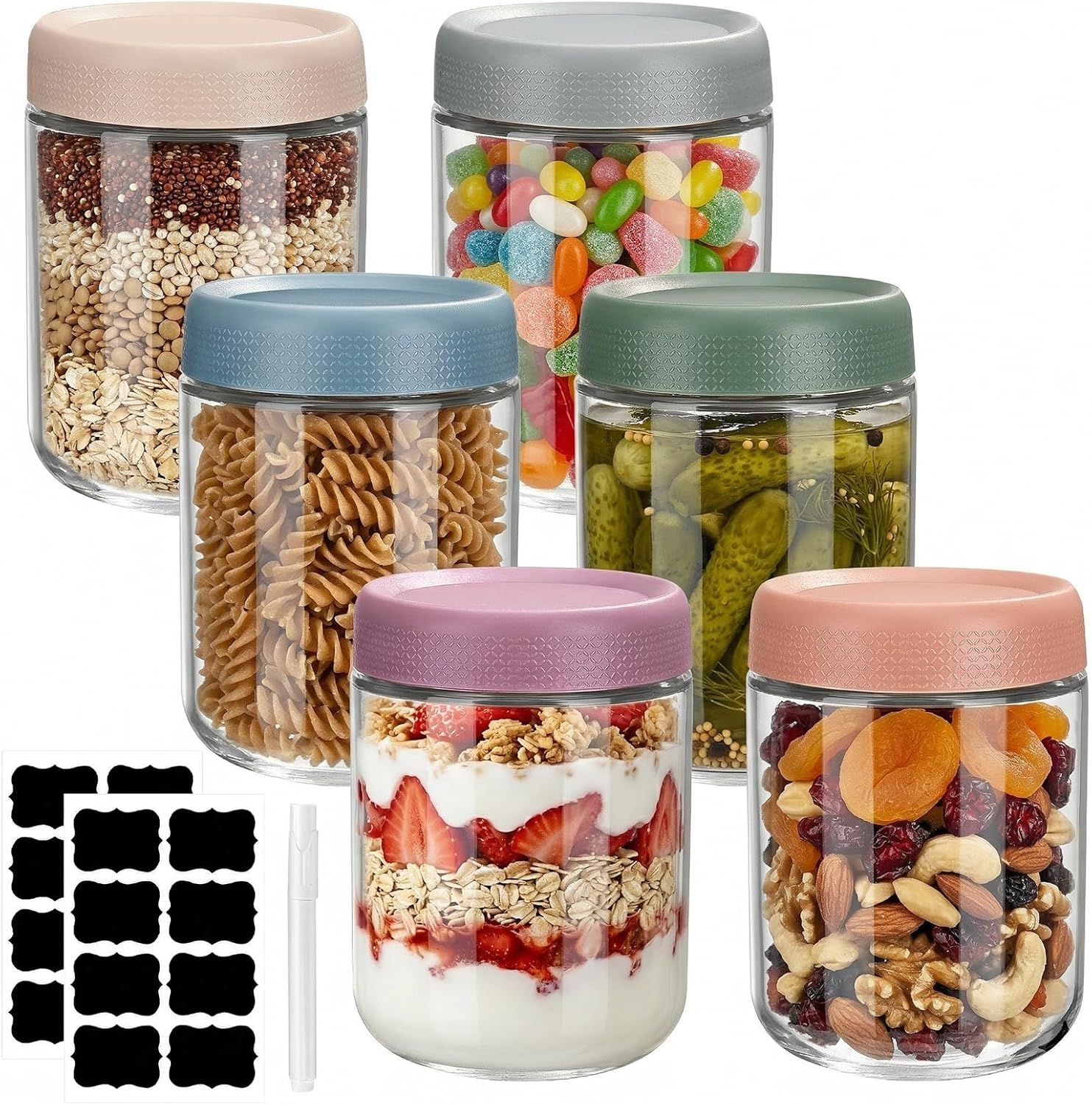 6 Stück Overnight Oats Gläser, 500 ml Einmachgläser, Meal Prep Gläser mit Schraubdeckel und Aufkleber und Stift für Joghurt, hausgemachte Marmelade, Salat, Pudding, Chutney