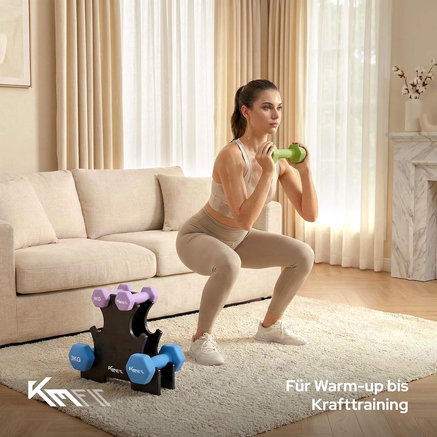 KM-Fit Hantel-Set 12 kg mit Ständer, Neopren-Hanteln 1-3 kg, Gusseisen, ergonomischer Griff, rollsicher, Fitness- und Krafttraining für das Heim-Fitnessstudio – Bild 8