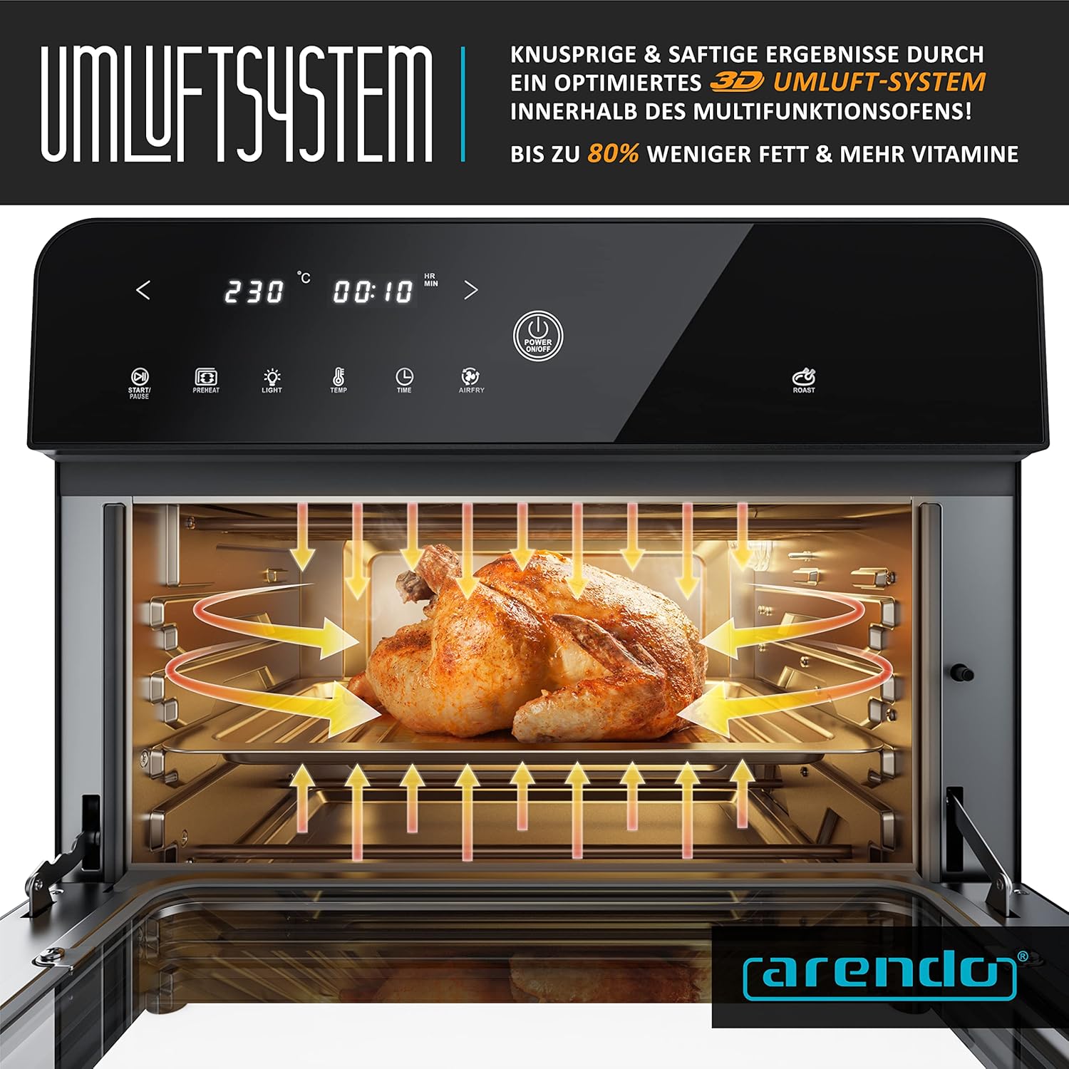 Arendo – Heißluftfritteuse 25 Liter aus Edelstahl – Multifunktionsofen – Mini-Ofen – Aerofryer – 1800 Watt – inklusive Backblech, Trockenblech, Ofenrost, Frittierkorb – BPA-frei – Bild 5