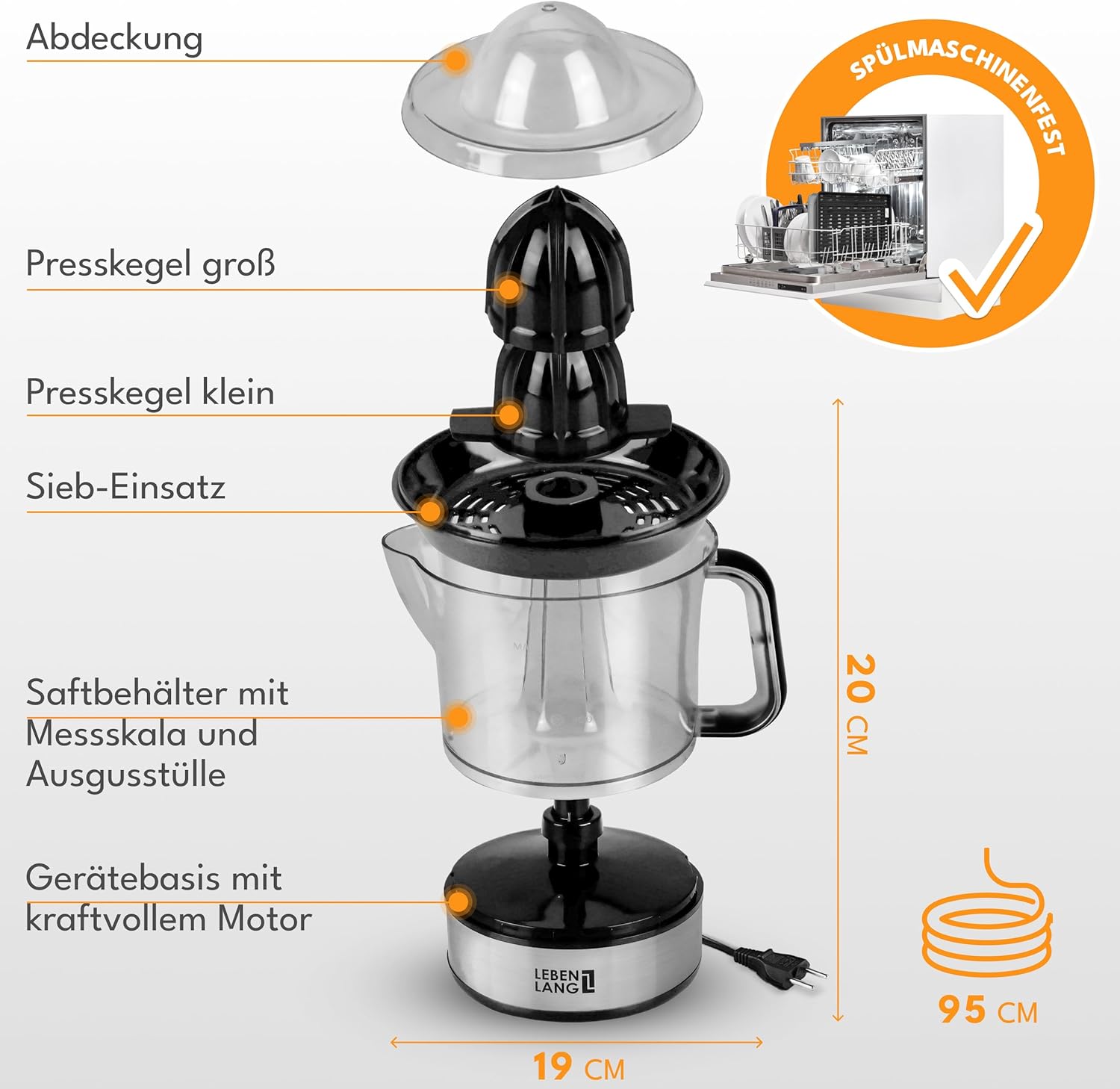 Lebenlang Zitronenpresse, elektrischer Entsafter mit hoher Saftausbeute, Orangenpresse, 2 Drehrichtungen, elektrische Fruchtpresse mit 2 Kegeln aus Edelstahl – Bild 5