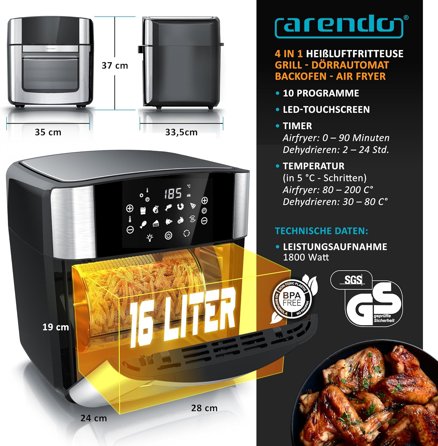 Arendo - XXL-Heißluftfritteuse 16 Liter - Grill - Dörrgerät - Ofen - Heißluftfritteuse - Touchscreen - Einfach & sauber - Fritteuse ohne Öl - Konvektion - Pizza-Hähnchen-Pommes - BPA-frei - Schwarz – Bild 2