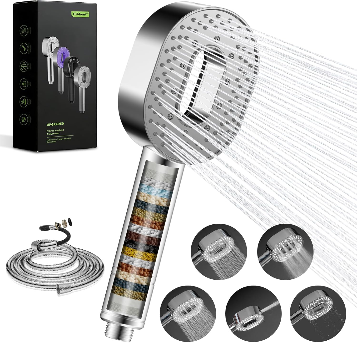 Hibbent Filterduschkopf mit Schlauch 1,5 m – Hochdruck-Handbrause mit 20 Stufen Wasserfilter gegen Chlor & Kalk – 5 Strahlarten Massageduschkopf für Haut & Haare, inklusive Filter