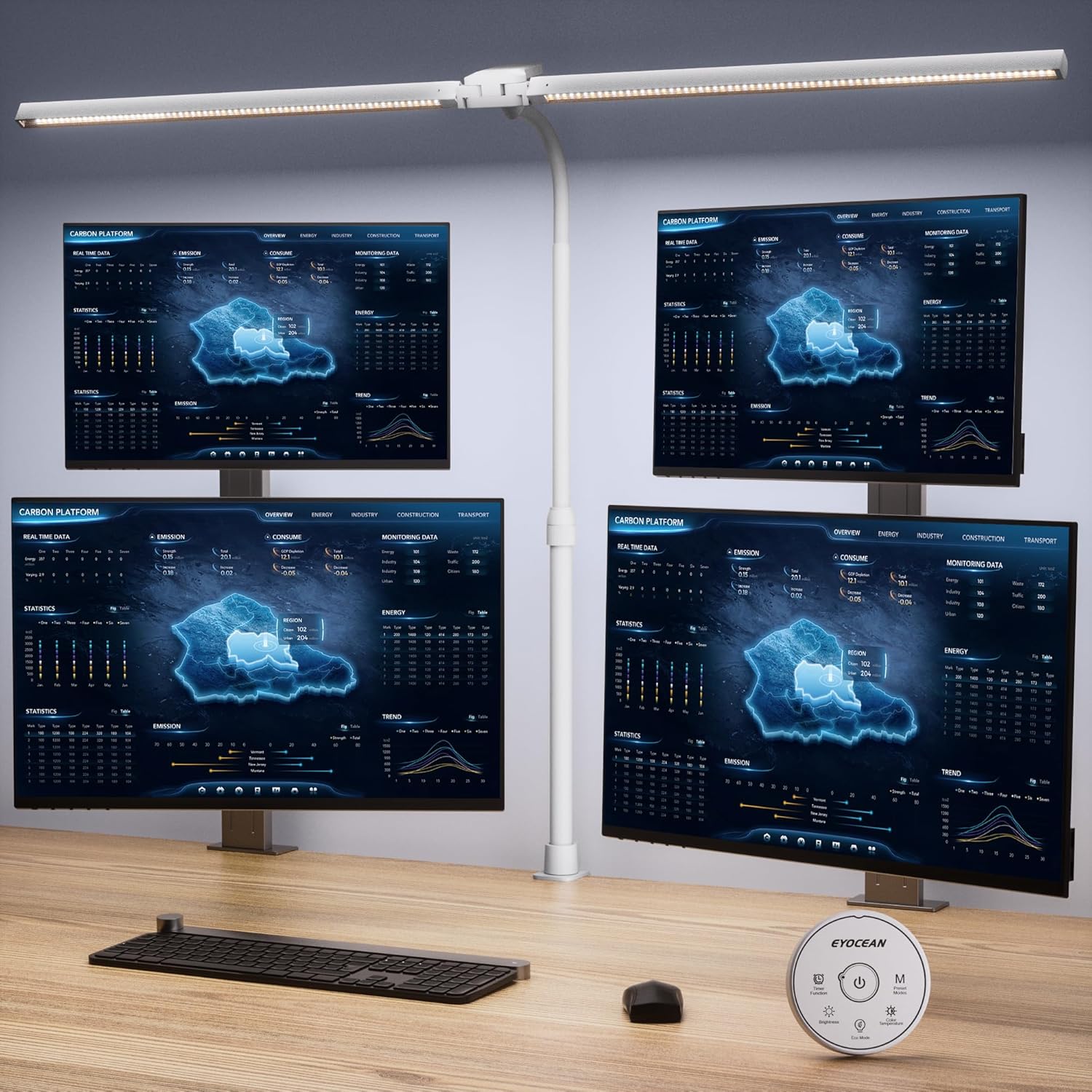 EYOCEAN Schreibtischlampe, Doppelkopf-Schreibtischlampe, Teleskopstange mit verstellbarer Höhe, 30 W 120 cm Tageslichtlampe Schreibtisch mit Fernbedienung, dimmbare Monitorlampe, Bürotischlampe