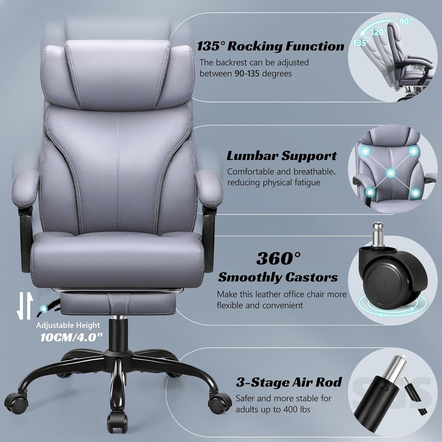 FelixKing Leder-Bürostuhl, Chefsessel, ergonomischer hoher Bürostuhl, bequemer Drehstuhl mit verstellbarer hoher Fußstütze für Heimspiele (Mattgrau) – Bild 6