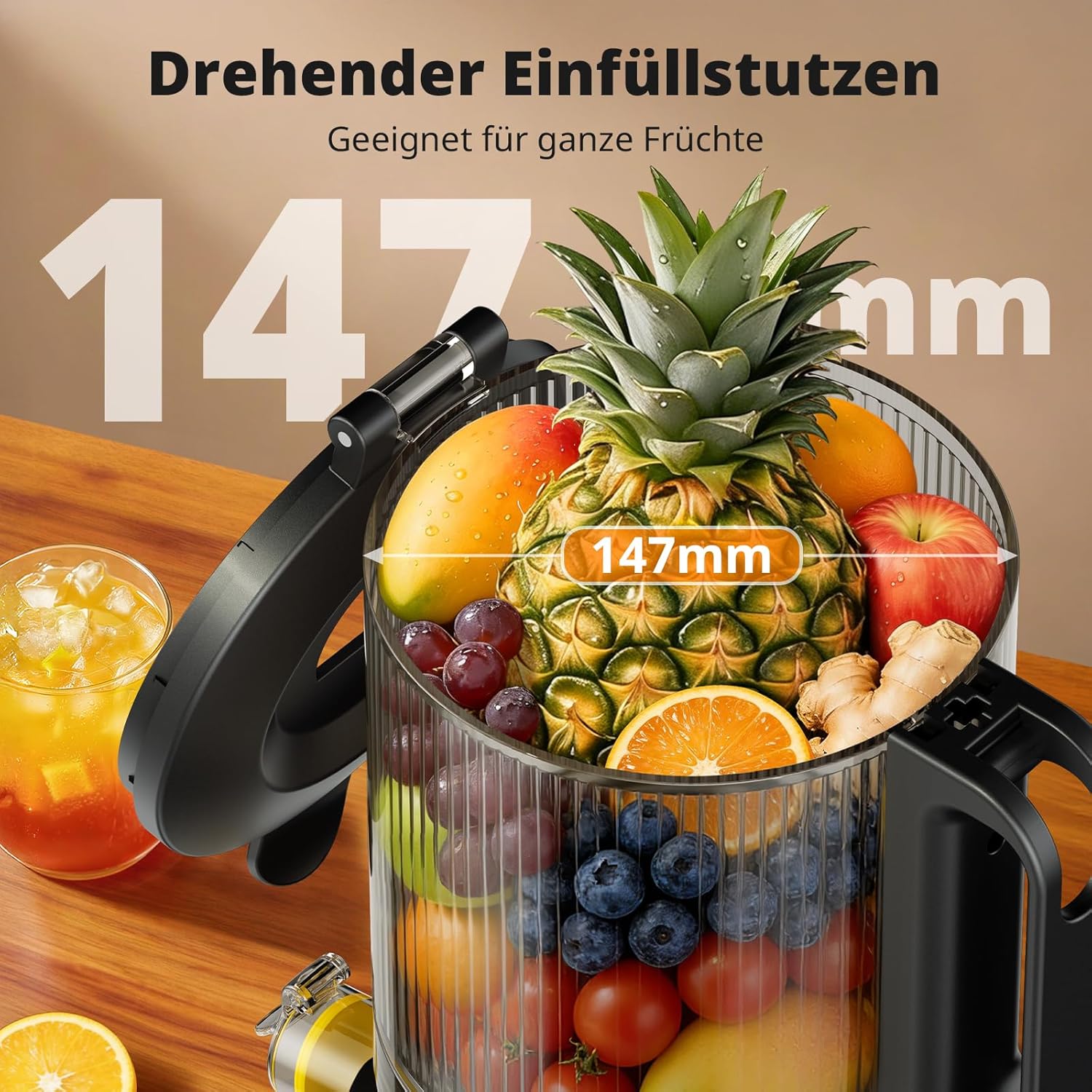 AIRMSEN Entsafter – Slow Juicer mit 147 mm extra großem Einfüllschacht, 2,1 l Fassungsvermögen, 300 W Motor, 7+1 Stufen, verbesserte langsame Spirale, hohe Saftausbeute für ganze Früchte und Gemüse, schwarz – Bild 2