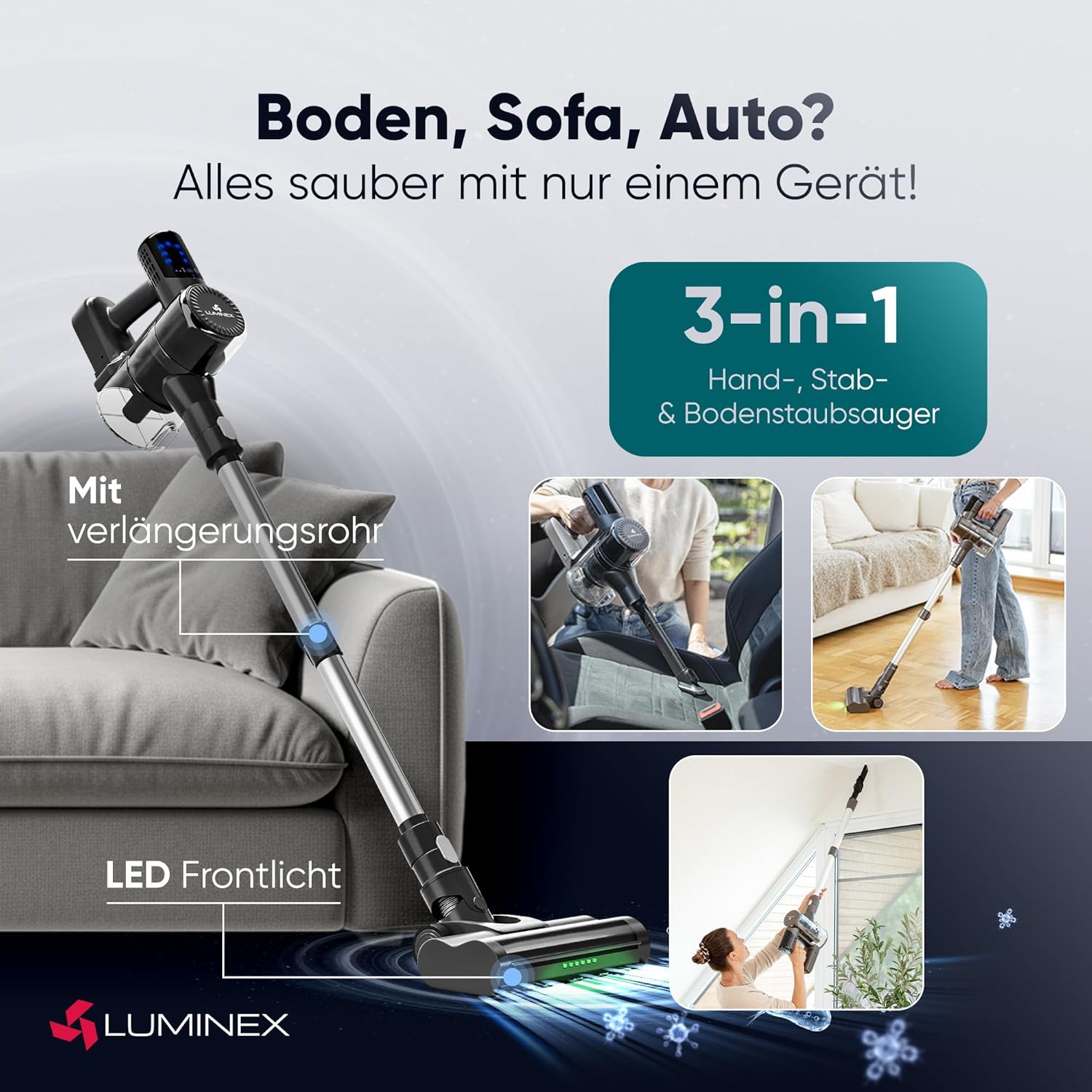 Akku-Staubsauger (3-in-1) – Akku-Staubsauger mit LED-Anzeige und Echtzeit-Akkuanzeige | Anti-Tangle-Bürste für Tierhaare | Komplettes Akku-Staubsauger-Set ohne Beutel für Auto, Teppich und Haushalt – Bild 2