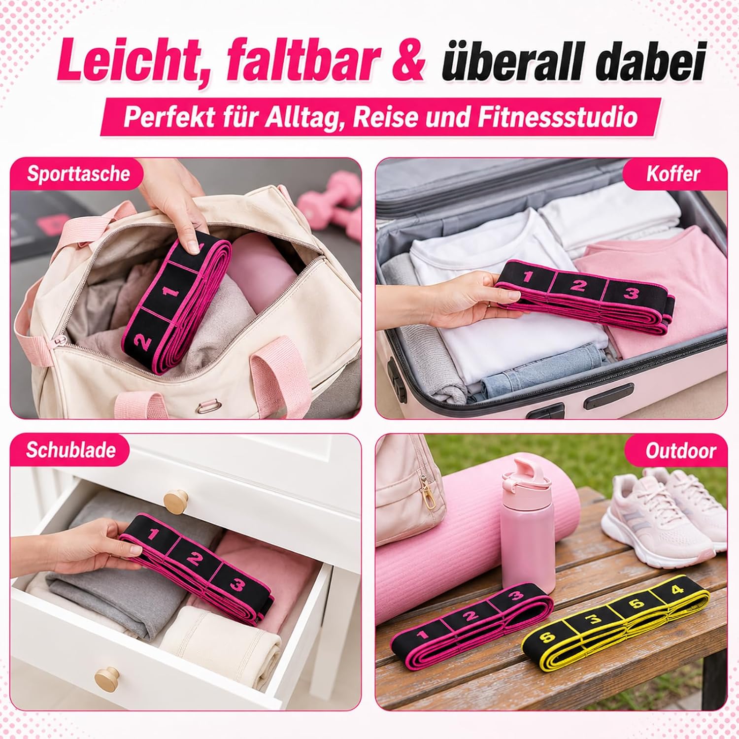 2er-Pack Gymnastikbänder mit Schlaufen, Fitnessbänder, Widerstandsbänder, 8 Schlaufen, verstellbares Theraband, Terraband-Bänder-Set für Yoga, Pilates, Physiotherapie, Krafttraining, Stoff-Stretchband (Rosa+Gelb) – Bild 8