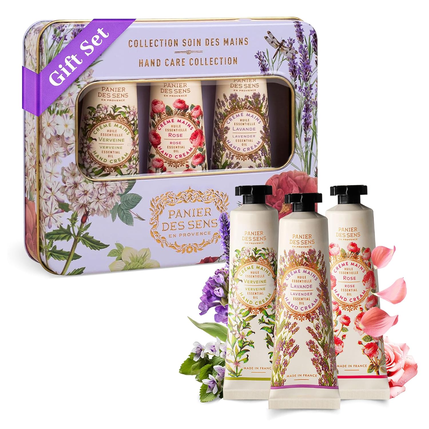 Panier des Sens – Geschenk für Frauen – Trio aus natürlichen Handcremes 3 x 30 ml, Eisenkraut, Rose, Lavendel – Geschenkideen für Frauen – Geschenkset mit 97 % natürlichen Inhaltsstoffen – Handcreme