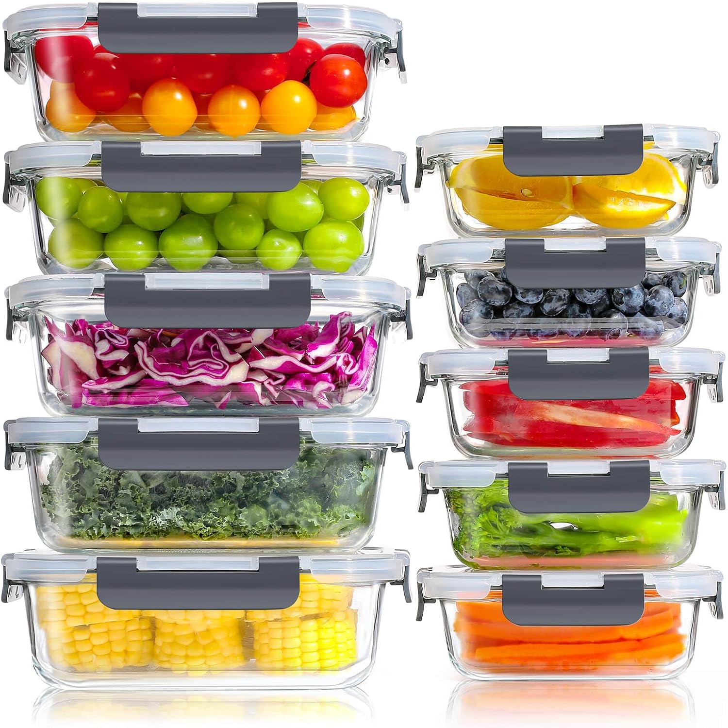 YASHE Glasbehälter mit Deckel, 10 Stück, stapelbare und luftdichte Meal-Prep-Boxen, Glas für spülmaschinenfeste, mikrowellen- und gefriergeeignete, auslaufsichere, BPA-freie Glasbehälter mit Deckel-Set