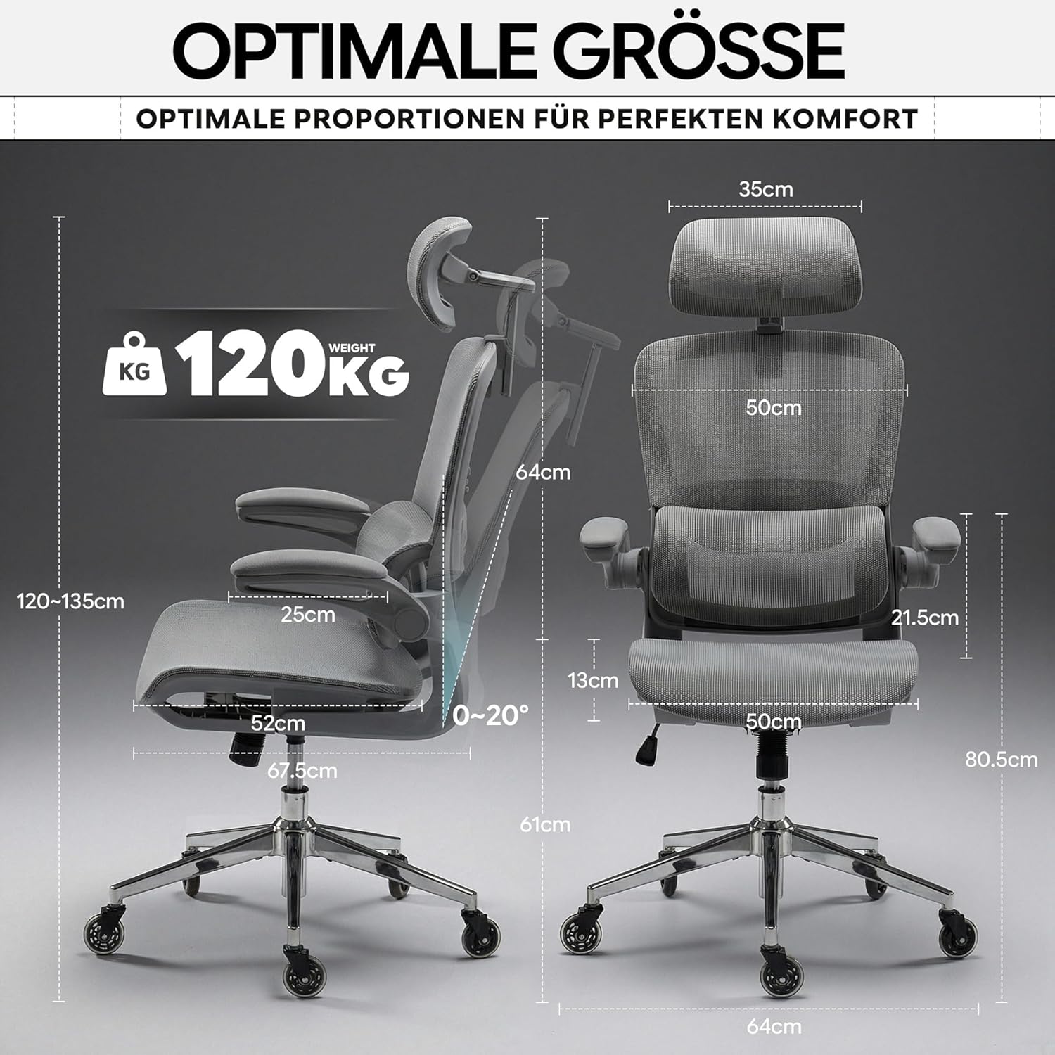 Ergonomischer Bürostuhl mit 150 kg Tragkraft, verstellbaren Armlehnen, dynamischer Lordosenstütze, Wippfunktion – Büro- & Gamingstuhl für Home Office, atmungsaktives Netz, Grau – Bild 2