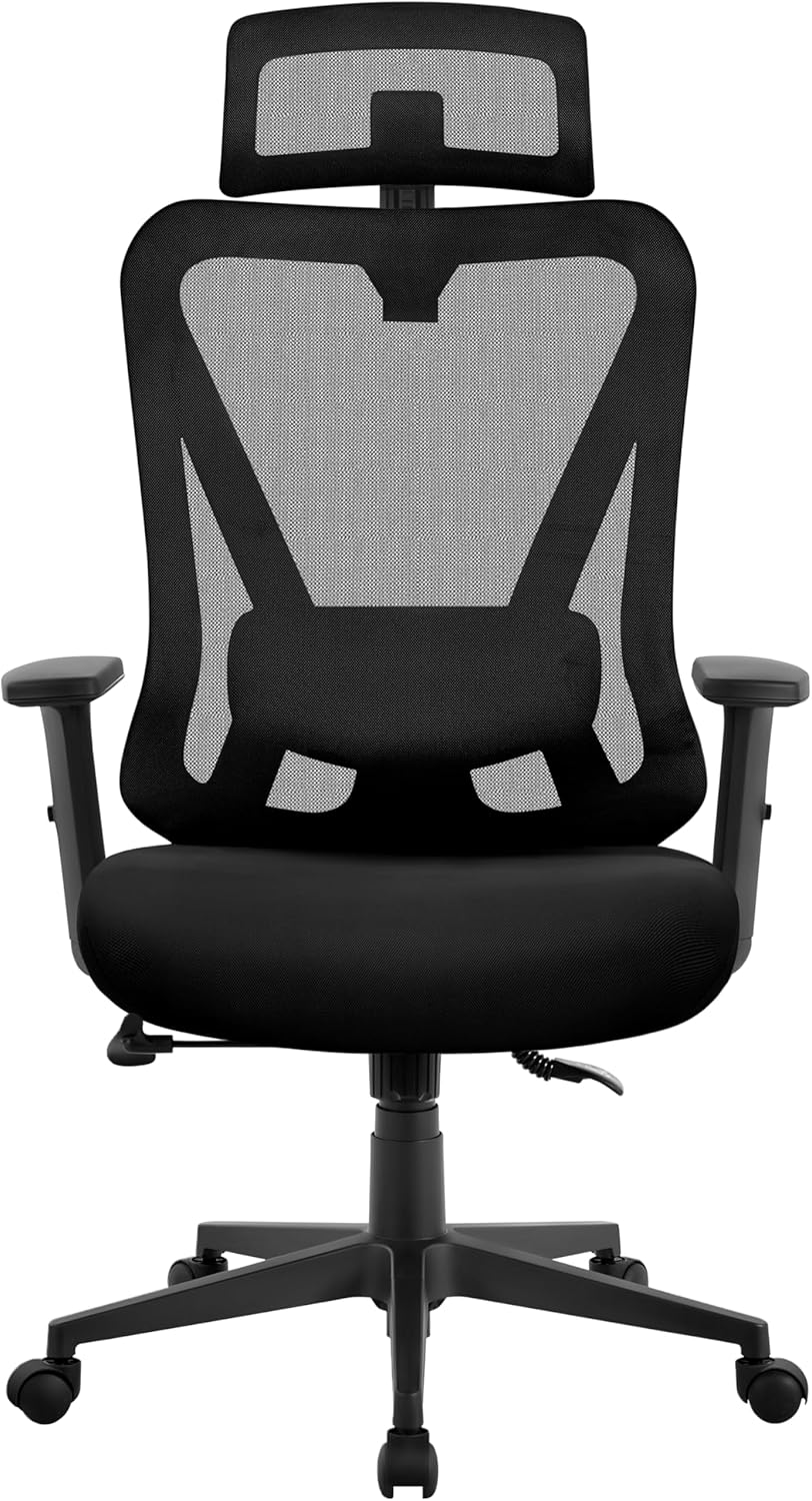 Yaheetech Bürostuhl, ergonomischer Schreibtischstuhl mit verstellbarer Kopfstütze und Lordosenstütze, atmungsaktiver Netzstuhl mit breiter Sitzfläche, S-förmige Rückenlehne, 360° drehbar, Schwarz