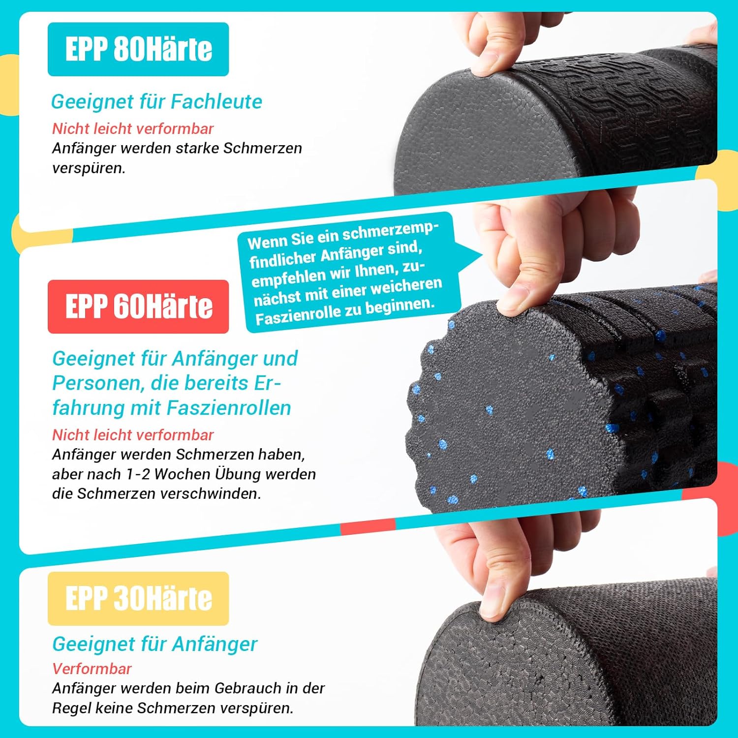 nooncrazy Faszienrolle mit 3D-Texturmassage, Schaumstoffrolle (33 cm x 14 cm) zur Lösung von Muskelverspannungen, mittlere Härte, Selbstmassage, Gesichtsrolle für Rücken, Wirbelsäule, Rücken, Beine (Schwarz/Blau) – Bild 3