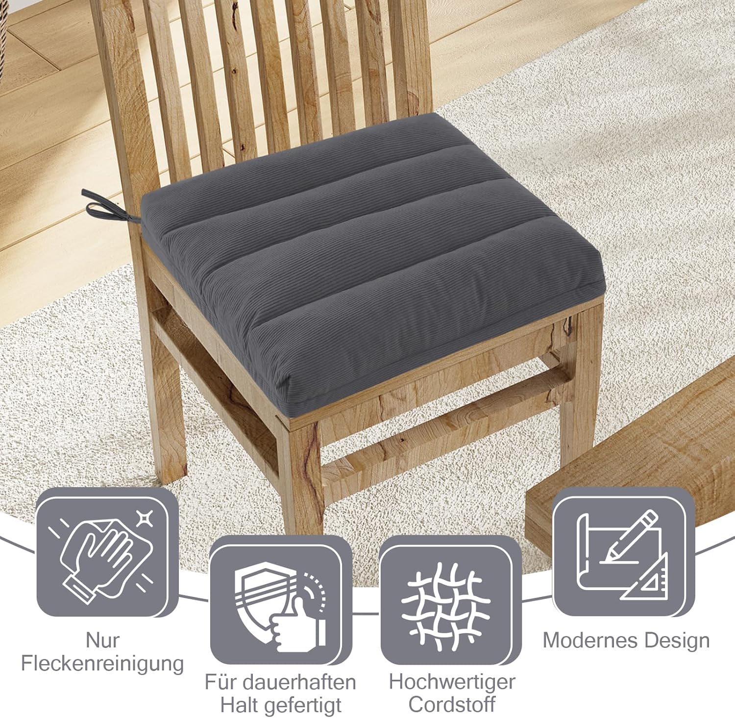 Dickes Sitzkissen-Set mit 2 Kordeln – Stuhlkissen mit rutschfester Unterseite und Bändern, Stuhlkissen für Esszimmerstuhl, Küchenstuhl und Büro, doppellagige Polsterung für Komfort – Bild 7