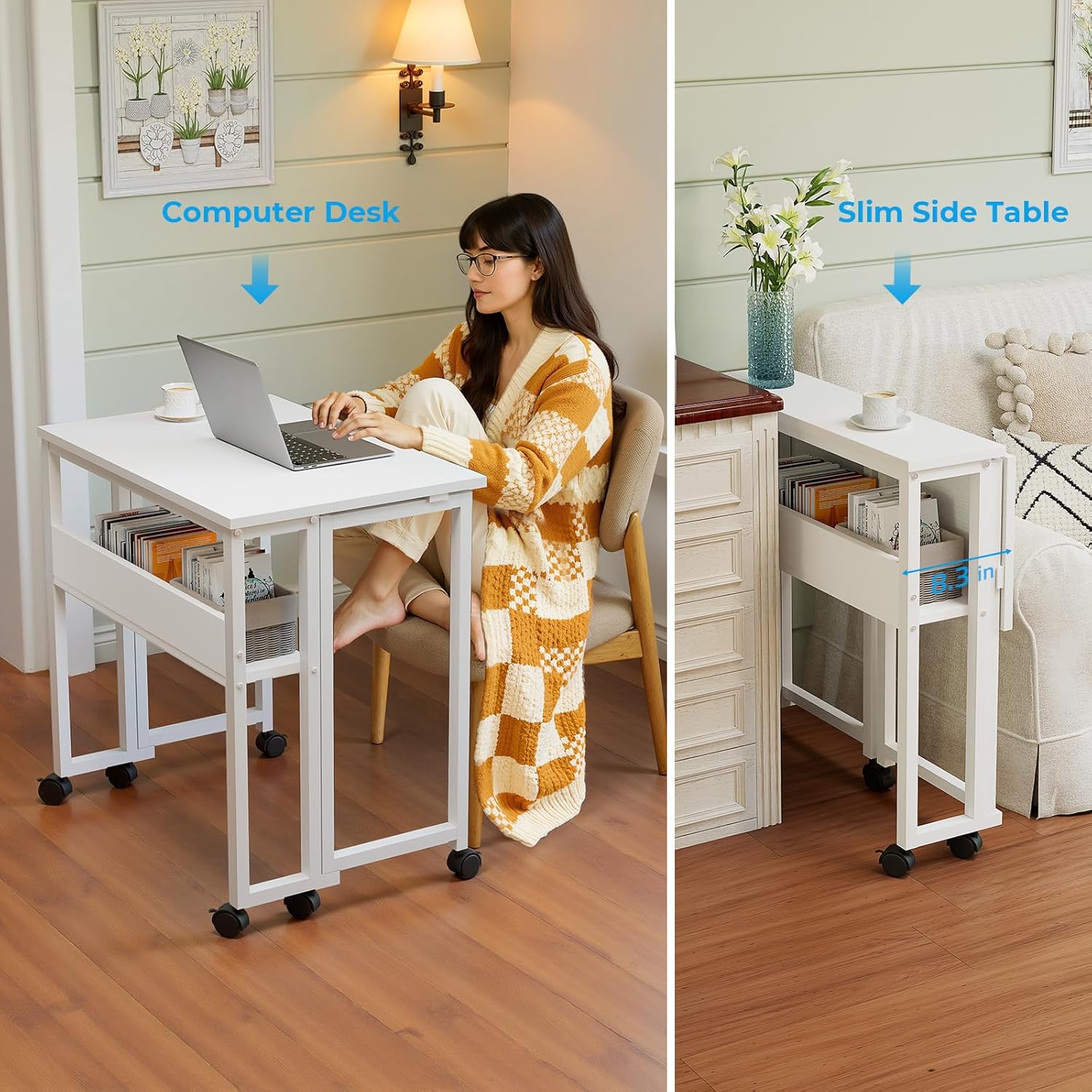 GreenForest Kleiner Klappschreibtisch, 63 cm Klappschreibtisch mit Rollen, einfach zu montierender Klappschreibtisch mit Stauraum, Home-Office-Klapptisch, Weiß – Bild 6