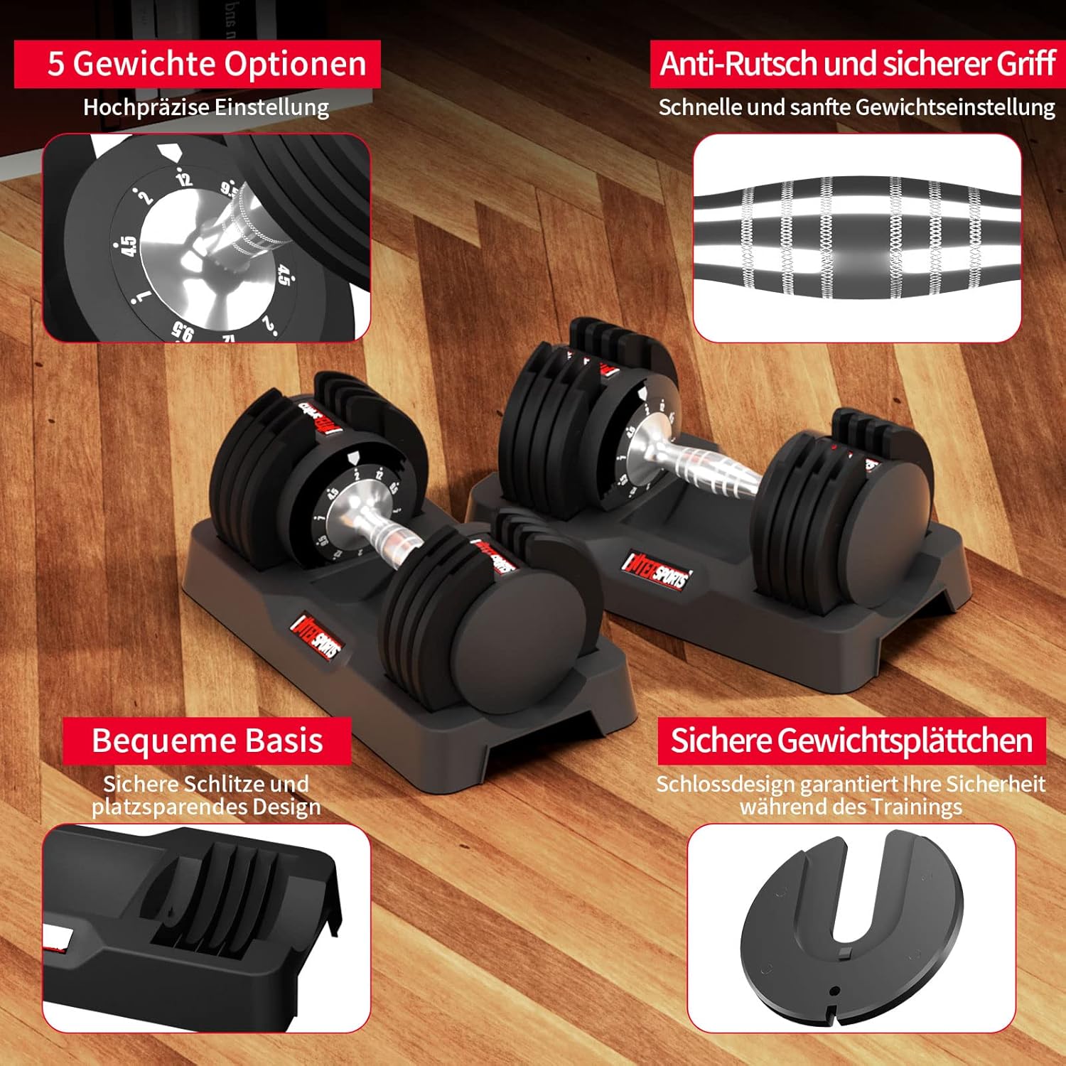 EnterSports 12 kg x 2 verstellbare Hanteln, verstellbare platzsparende Hanteln, rutschfester Griff, 5 Gewichtsstufen: 2–12 kg, gut für Zuhause, Büro, Fitnessstudio, Körpertraining – Bild 6