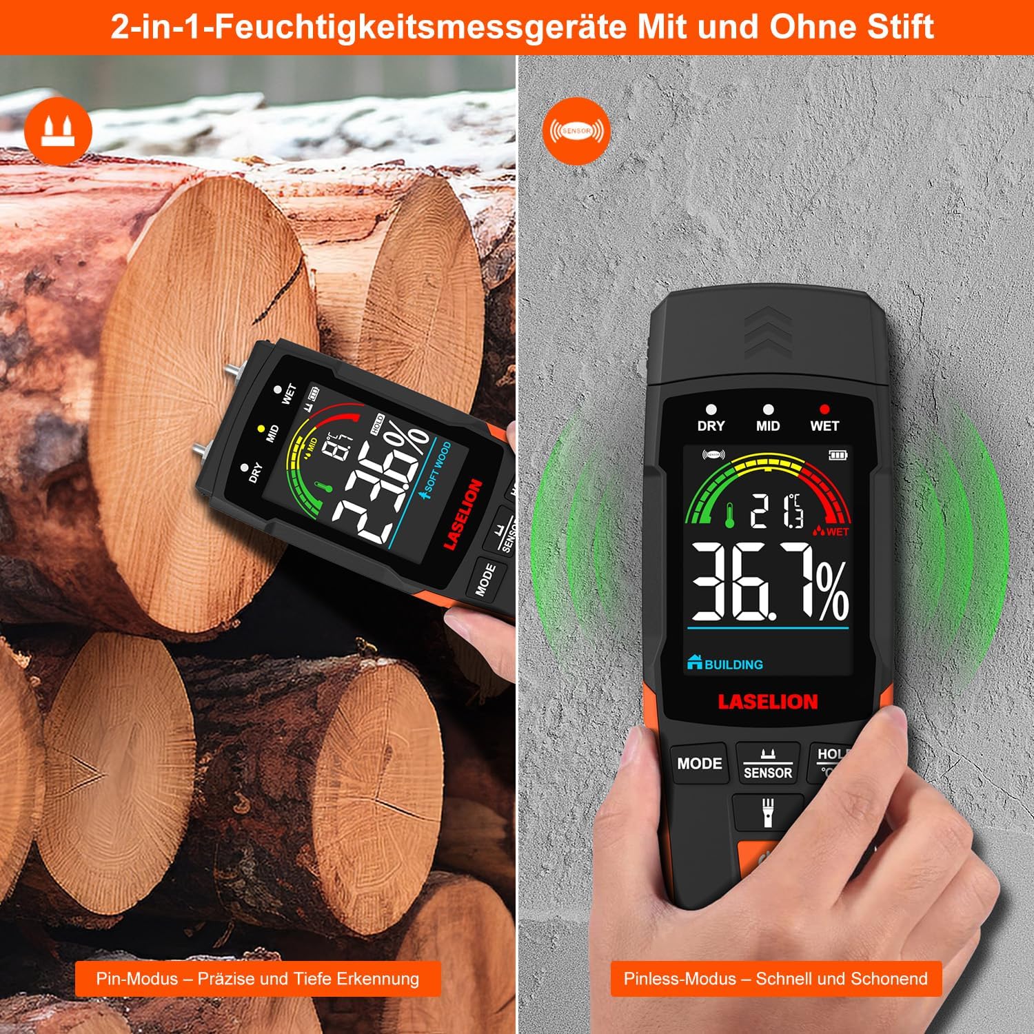 2-in-1-Feuchtemessgerät mit Stift- und Pinnless-Modus – für Holz, Beton, Trockenbau, Pappe und mehr – LCD-Display, Haltefunktion, Taschenlampe, automatische Abschaltung MS03 – Bild 3