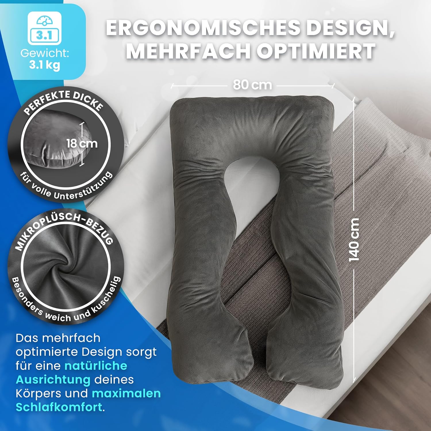 Generisch PillowDaddy Schlaftherapiekissen | Seitenschläferkissen mit Bezug für Ischias-, Hüft- und Rückenschmerzen | U-förmiges Ganzkörperkissen | Schwangerschaftskissen | Stillkissen XXL – Bild 4