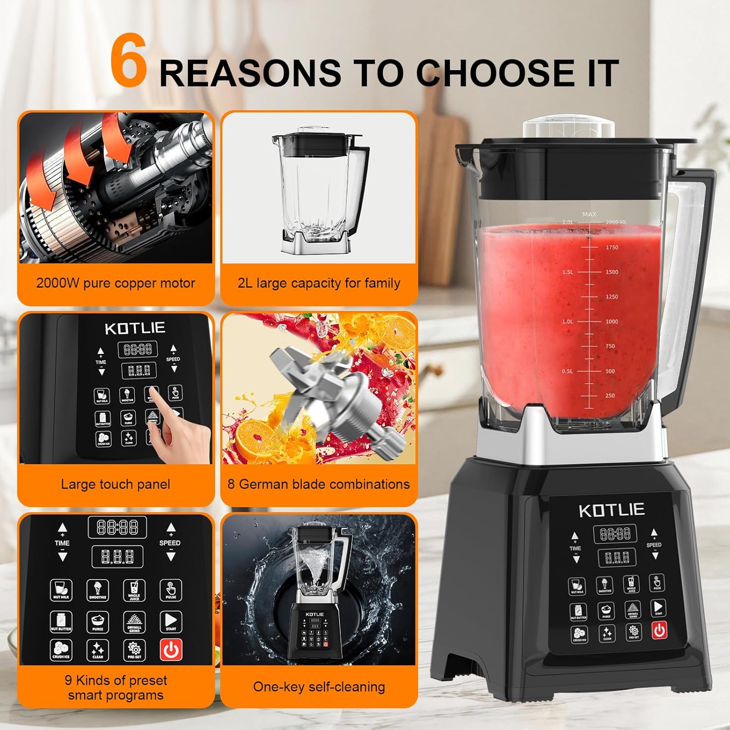 KOTLIE NY-8088EJA Tisch-Haushaltsmixer, 2-Liter-Behälter mit großem Fassungsvermögen, 7 Lebensmittelfunktionen, mit Selbstreinigungsfunktion (keine Heizung) – Bild 2