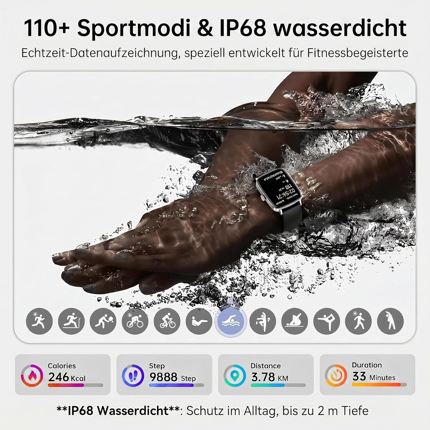 Smartwatch Herren Damen 1,85 Zoll Smartwatch mit Telefonfunktion, Fitnessuhr mit Herzfrequenzmesser, Schlafmonitor, SpO2, 110+ Sportmodi, Schrittzähleruhr, IP68 wasserdichte Sportuhr für Samsung/iPhone/Android – Bild 6