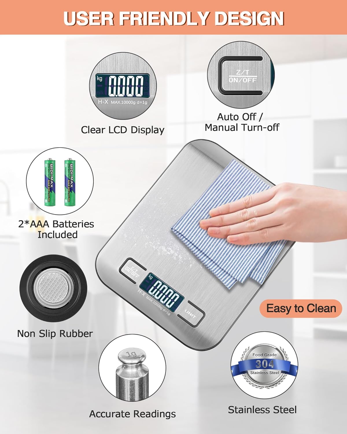 Digitale Küchenwaage mit LCD-Display und Tara-Funktion, präzise 1-g-Messung zum Backen und Kochen, Silber – Bild 6