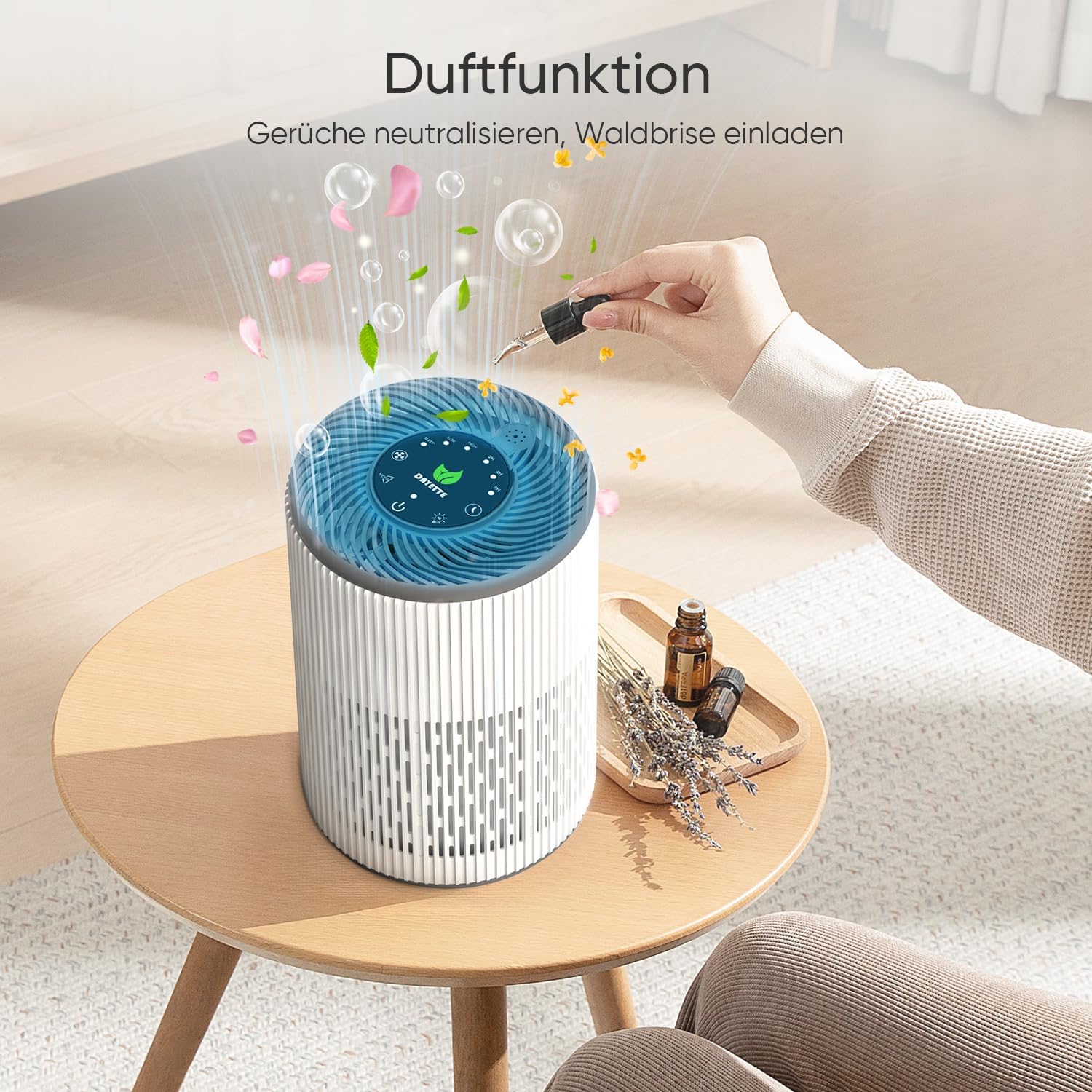 DAYETTE Tragbarer Luftreiniger für Allergiker mit Duftschwamm und blauem Nachtlicht, Timer, Schlafmodus (20 dB), HEPA-Luftfilter gegen Schimmel, Staub, Pollen, Gerüche, Tierhaare – Bild 4