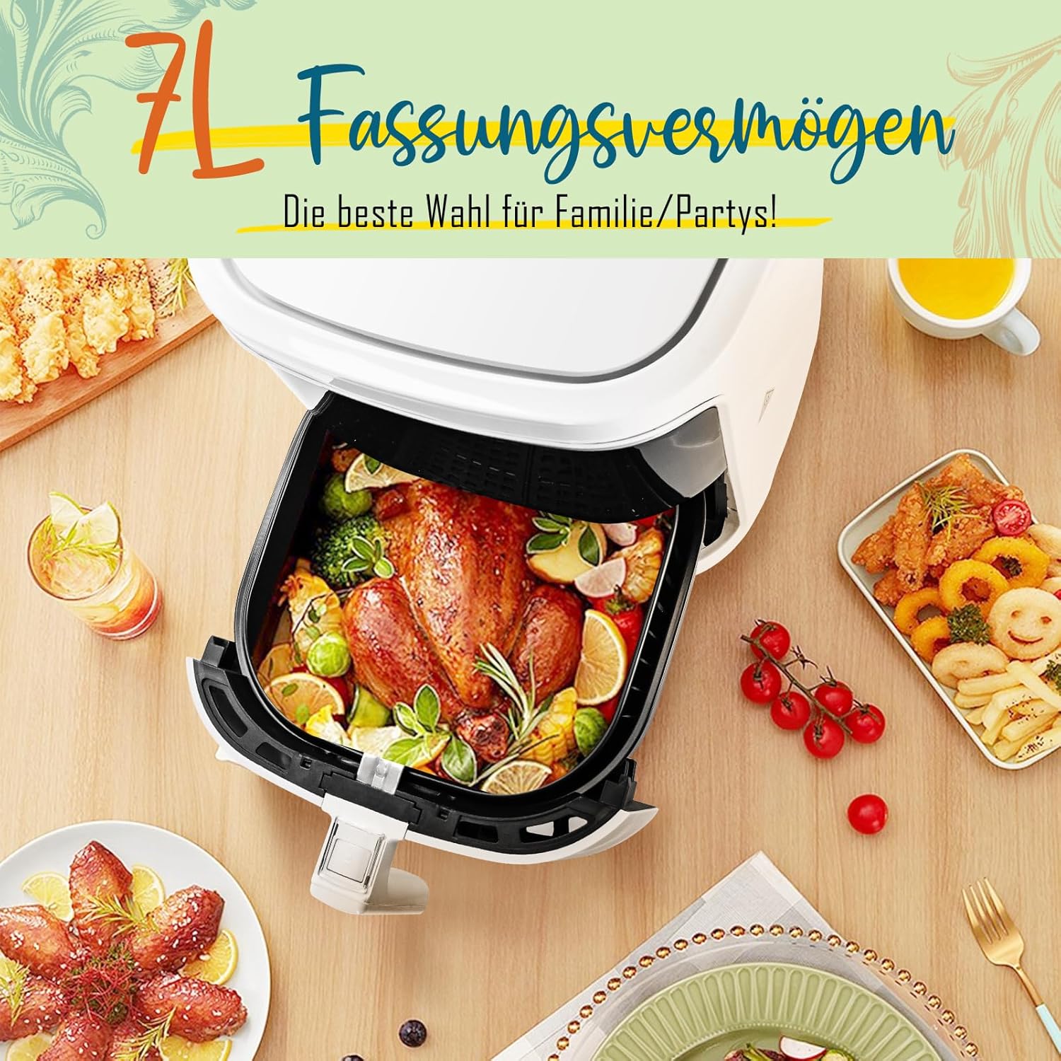 Aigostar White Cube, Smart Heißluftfritteuse 7L XXL Fritteuse Heißluft 1900W Heißluftfritteuse, App-Steuerung, 7 Programme, Warmhalten, 20 Rezepte, 6-10 Personen, Digitale LED-Touchscreen-Luftfritteuse – Bild 5