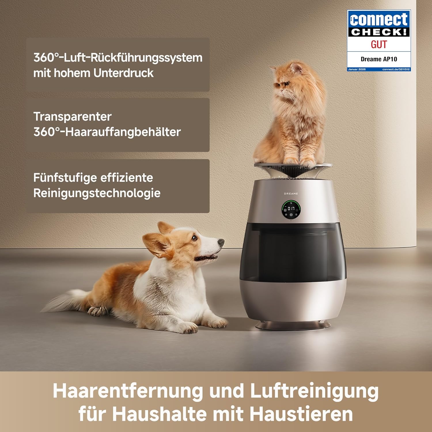 DREAME Haustier-Luftreiniger AP10, 360°-Luft-Unterdruck-Umwälzsystem mit fünfstufiger Reinigung, transparentem Behälter, gebogener Oberseite und LED/Beleuchtung mit App-Steuerung – Bild 2