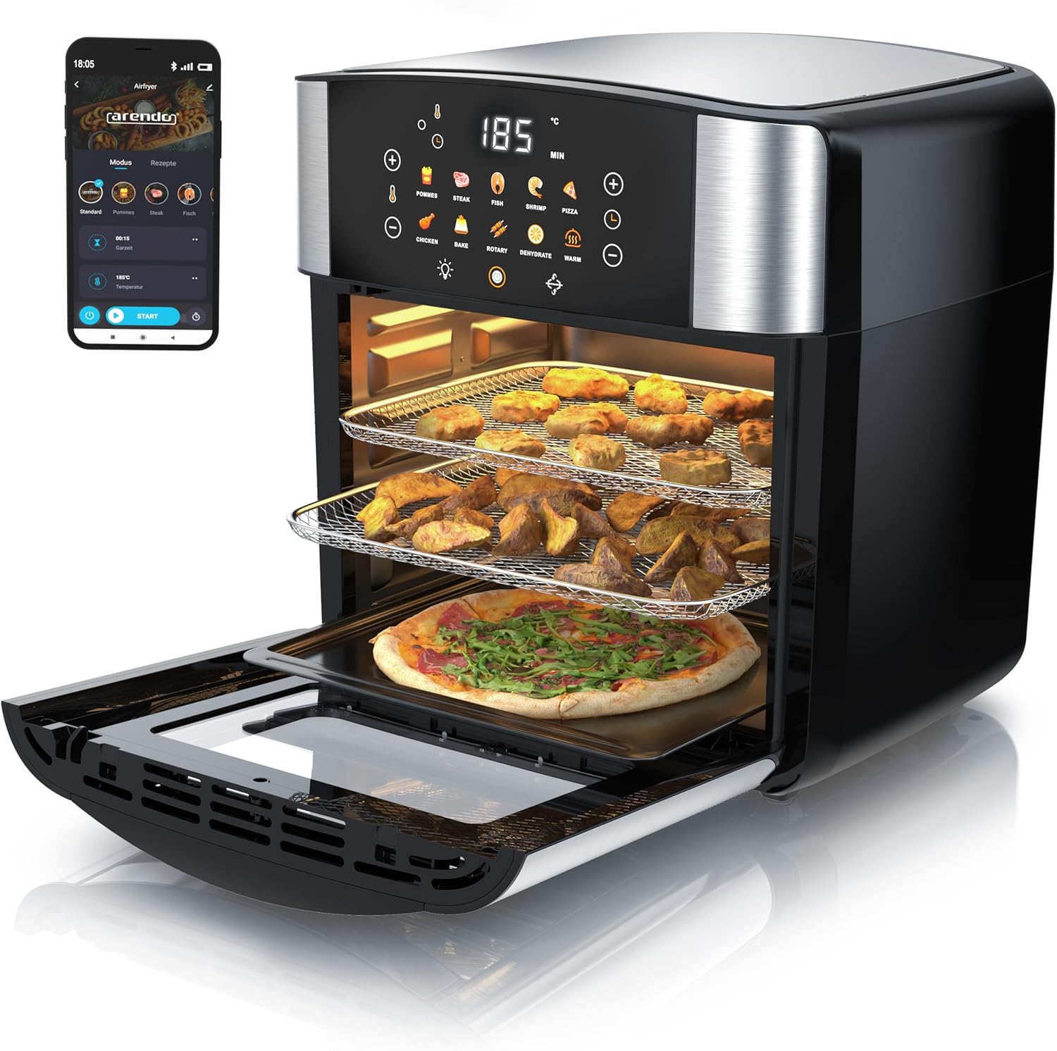 Arendo – XXL Smart WiFi Heißluftfritteuse – extra groß, 16 Liter – Ofenkonvektion – Grill – Dörrgerät – Luftfritteuse – Touchscreen – einfach und sauber – Fritteuse ohne Öl – Pizza-Hähnchen-Pommes – BPA-frei