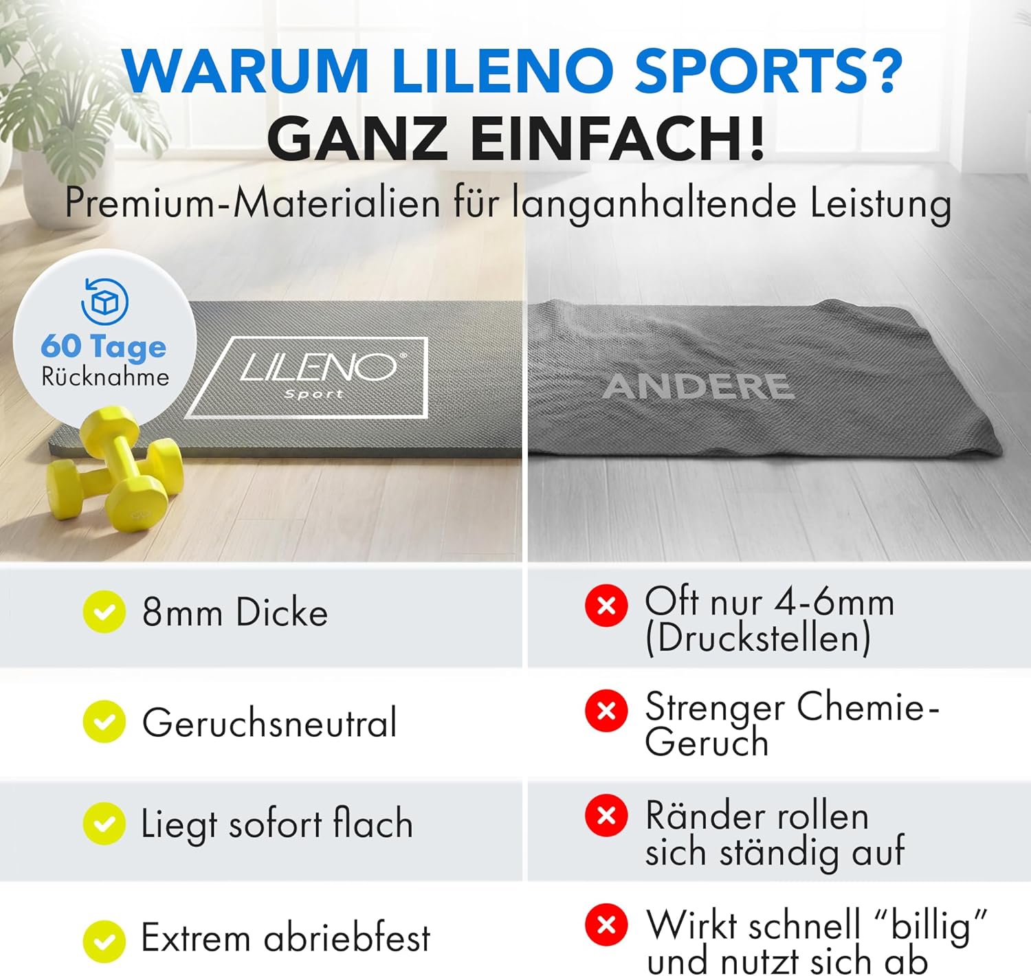 LILENO SPORTS Bodenschutzmatte, extra strapazierfähige Laufbandmatte, 8 mm dick, Fitnessunterlage für Crosstrainer, Rollentrainer und andere Fitnessgeräte, auch für Yoga – Bild 7