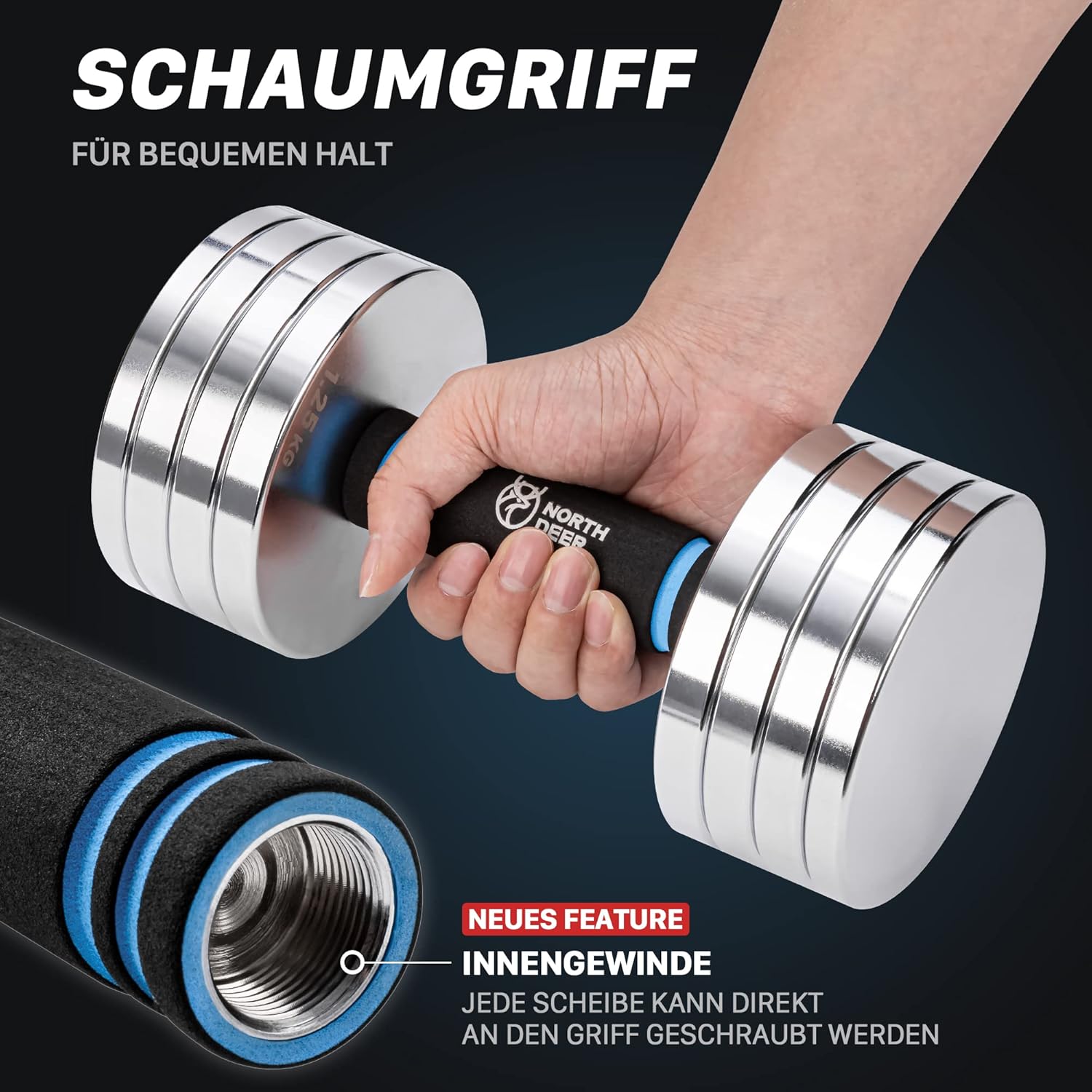 Northdeer 2-in-1-Set, verstellbare Stahlhanteln, Langhanteln, 10 kg, Set mit 2 ultrakompakten Gewichten, 2,5 kg, 3 kg, 5 kg, 5,5 kg, 7,5 kg, 8 kg, 10 kg, mit Verbindungsstange für Fitnesstraining, Fitnessstudio, Zuhause – Bild 4