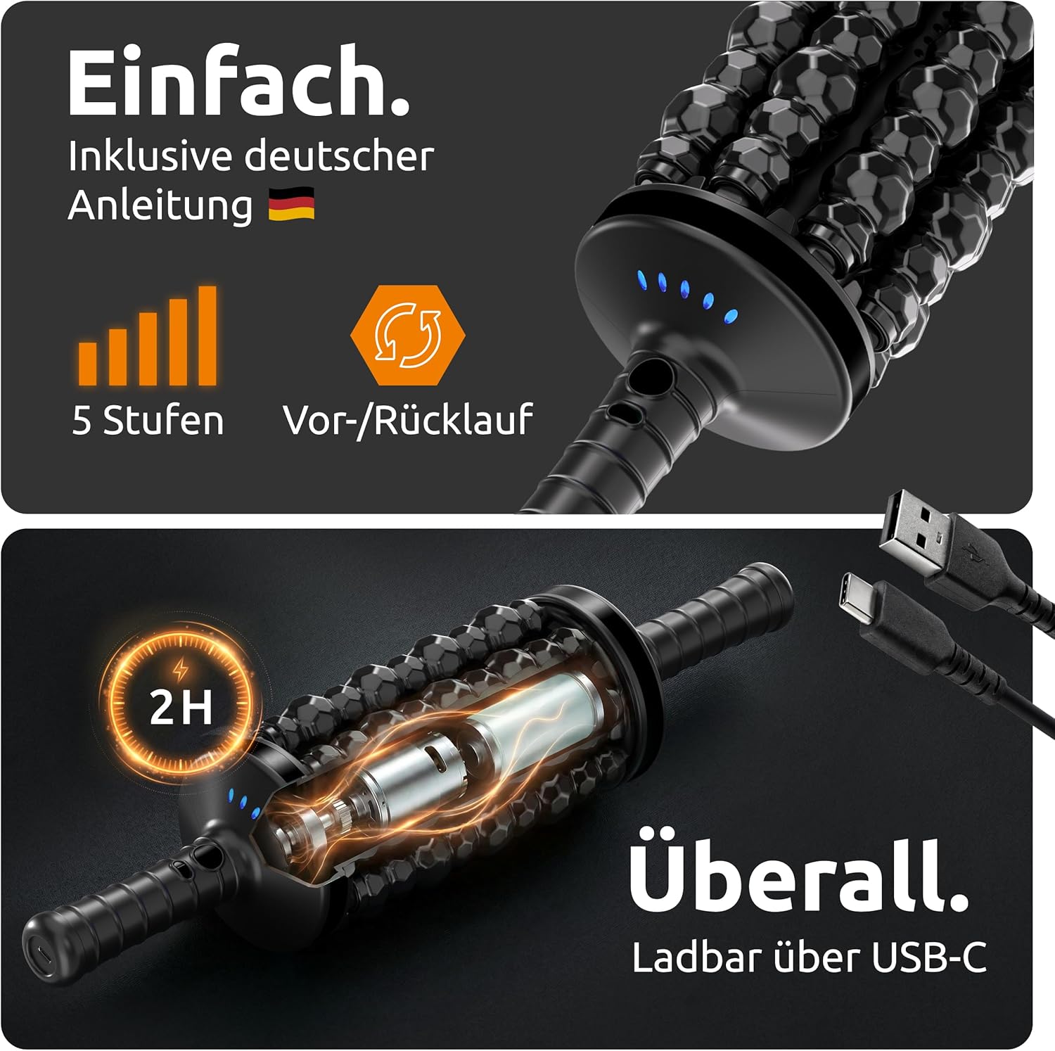 Elektrischer Faszienroller – 8 rotierende Rollen mit Klopfmassage statt Bodengymnastik – Elektrischer Massageroller mit Griff & Fußstation – Tiefenroller für Rücken, Nacken & Beine (Schwarz) – Bild 6