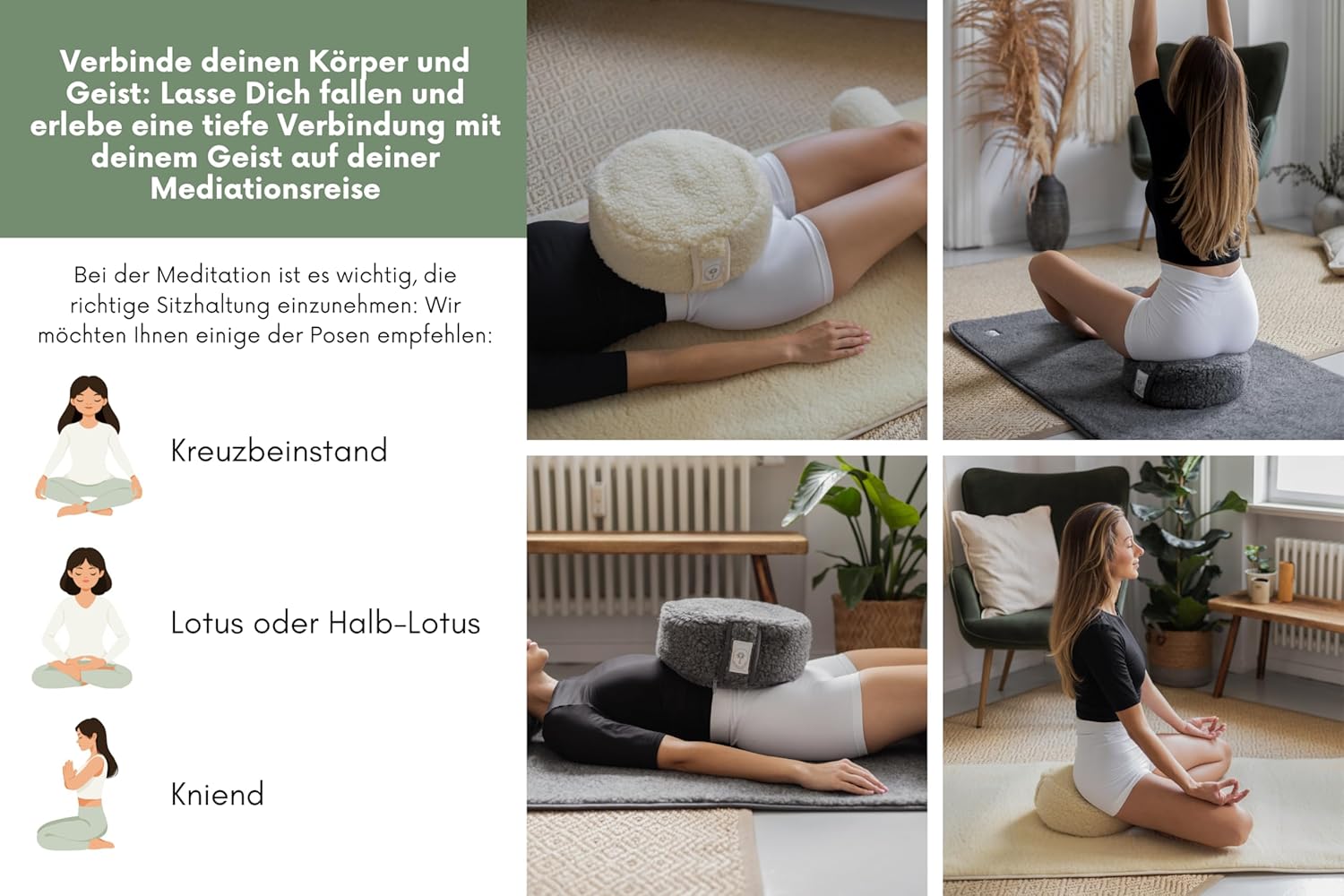 Meditationskissen aus Merino-Schafwolle, Yogakissen mit Bio-Buchweizenfüllung, verstellbare Füllung mit waschbarem Bezug, Sitzkissen perfekt für bequemes Yoga, mit Tragetasche, 35 x 13 cm, natur – Bild 7
