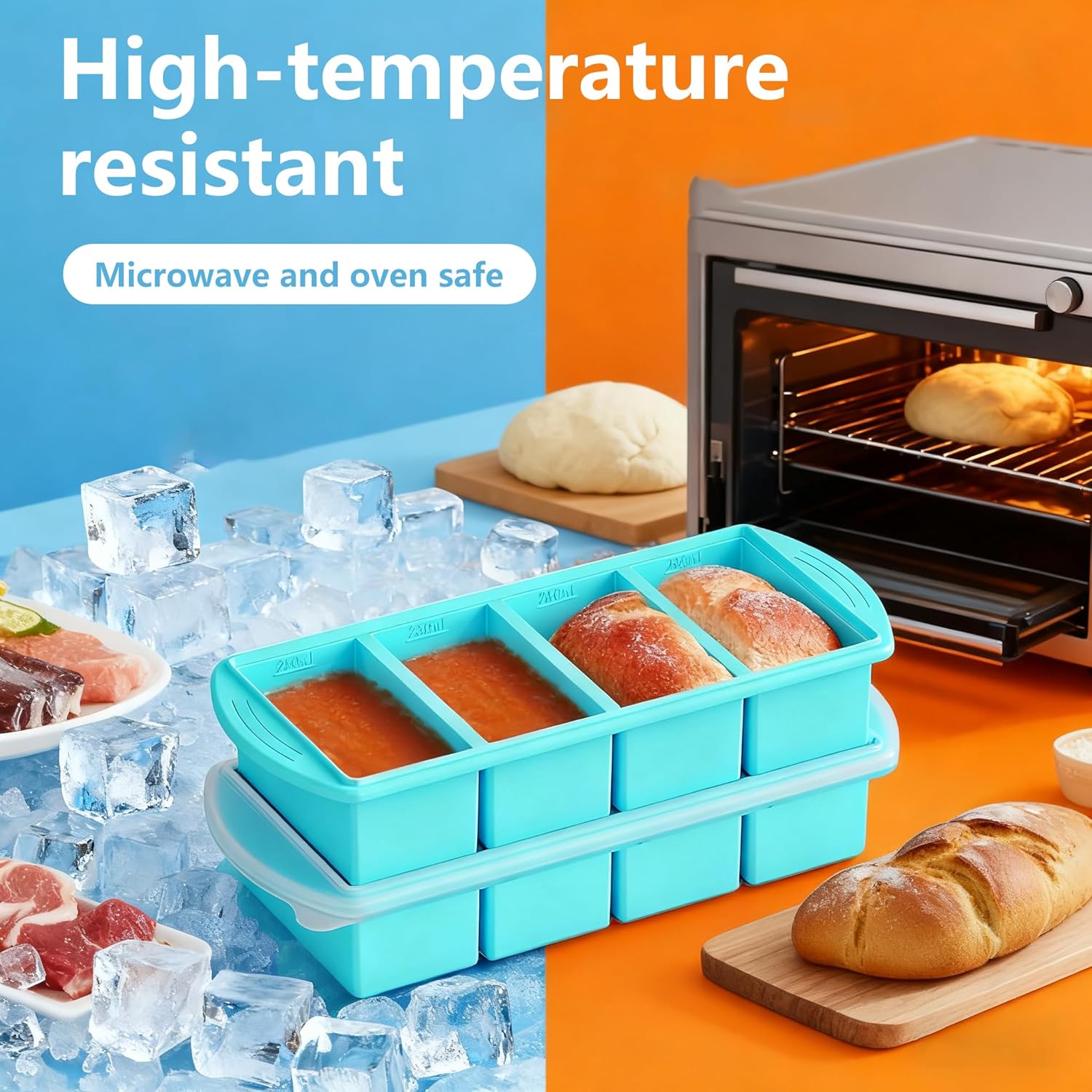 Silikon-Gefriertablett, 2 Stück, Silikon-Gefriertablett, stapelbar, 1 Tasse/250 ml Suppen-Gefrierbehälter, SilikoN mit 4 Fächern, Suppen-Gefrier-Eiswürfelform mit Deckel, für die Zubereitung von Mahlzeiten – Bild 4