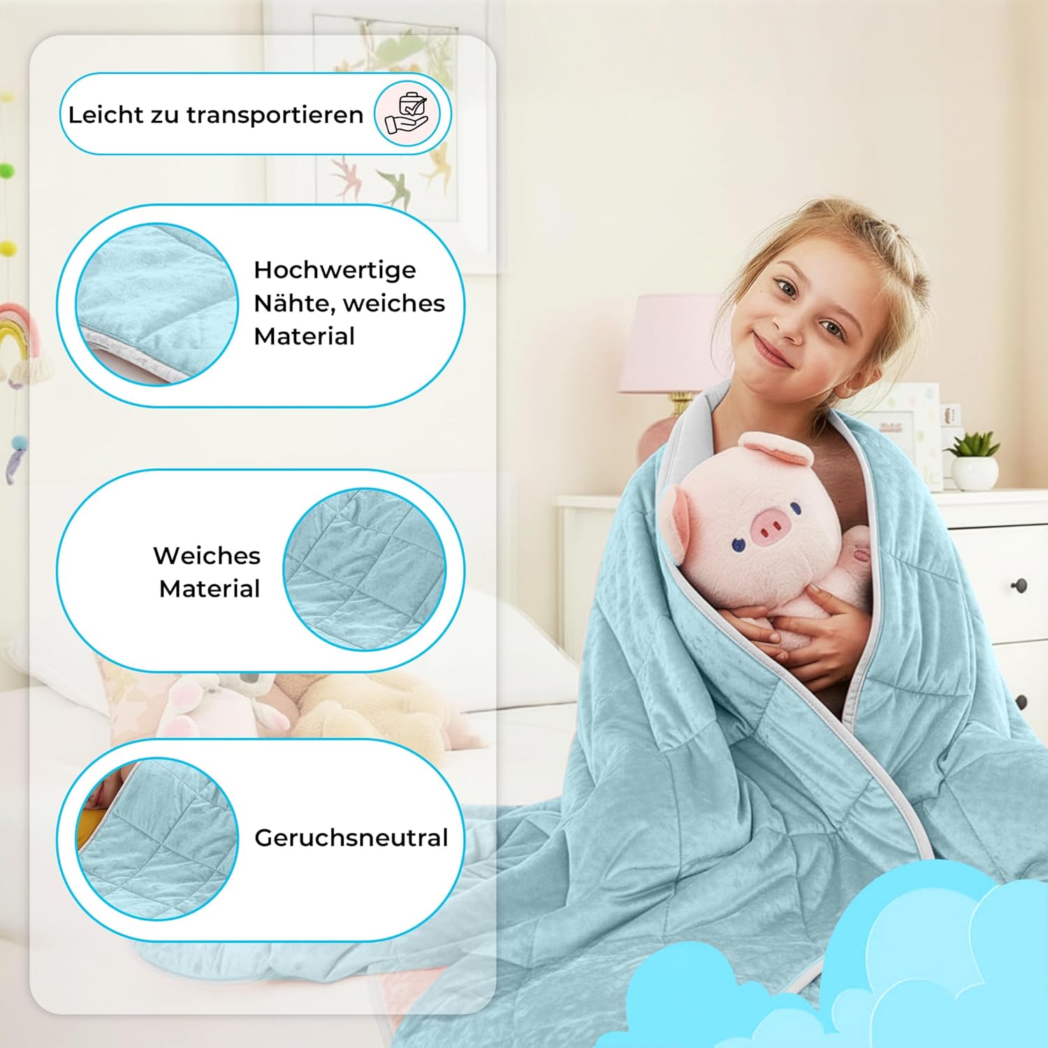 SLEEP COMFY Gewichtsdecke, 2,4 kg Therapiedecke zum Stressabbau und bei Angstzuständen, hypoallergene Glasperlen, weiche und kühlende Baumwolle und Öko-Tex (blau, 90 x 120 cm) – Bild 4