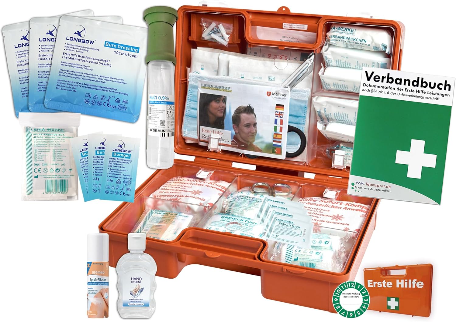Erste-Hilfe-Koffer M4+ Gastro für Unternehmen gemäß aktueller DIN/EN 13157 inklusive Augenspülung + Markengel + detektierbare Pflaster + Hydrogel-Verbände + Sprühpflaster + Hygieneausrüstung