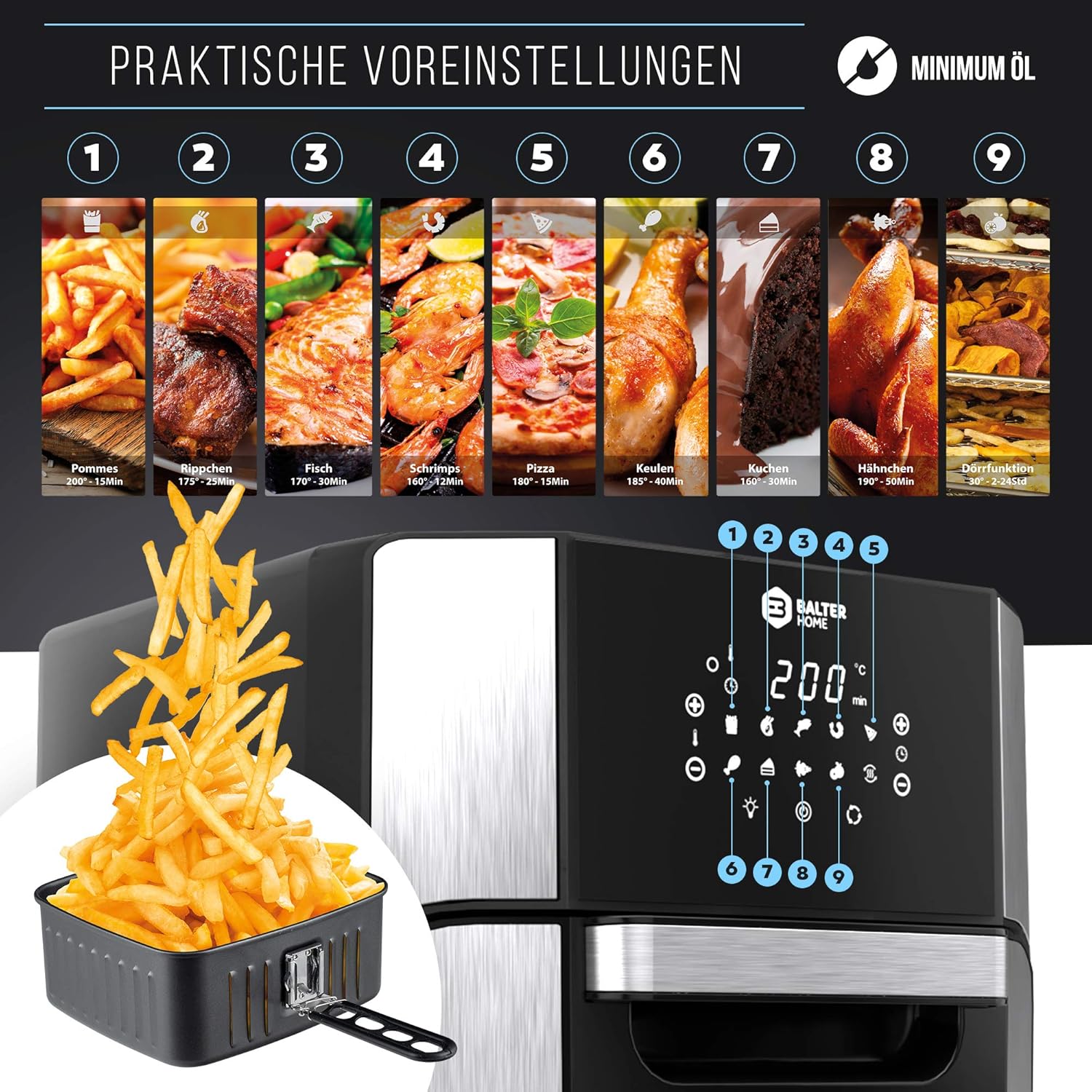Balter Heißluftfritteuse, 12 Liter XXL, Minibackofen, Dörrgerät, Fritteuse, 10 Programme, All-In-1-Luftfritteuse, Rezeptbuch, HL-1200 – Bild 3