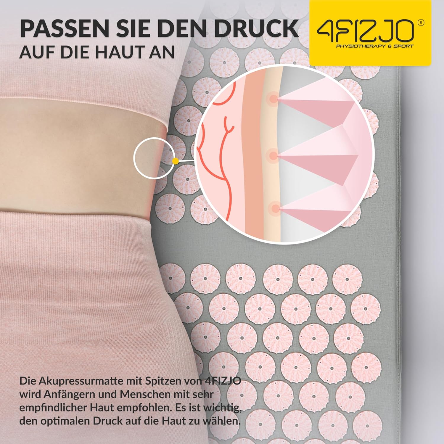 4FIZJO Akupressurmatte & Kissen XL, 110 x 42 x 2 cm, mit Tragetasche, Polyurethanschaum, hypoallergen, 15330 Spikes, Massagematte für bessere Durchblutung, Muskelentspannung, Farbe: Grau und Rosa – Bild 4