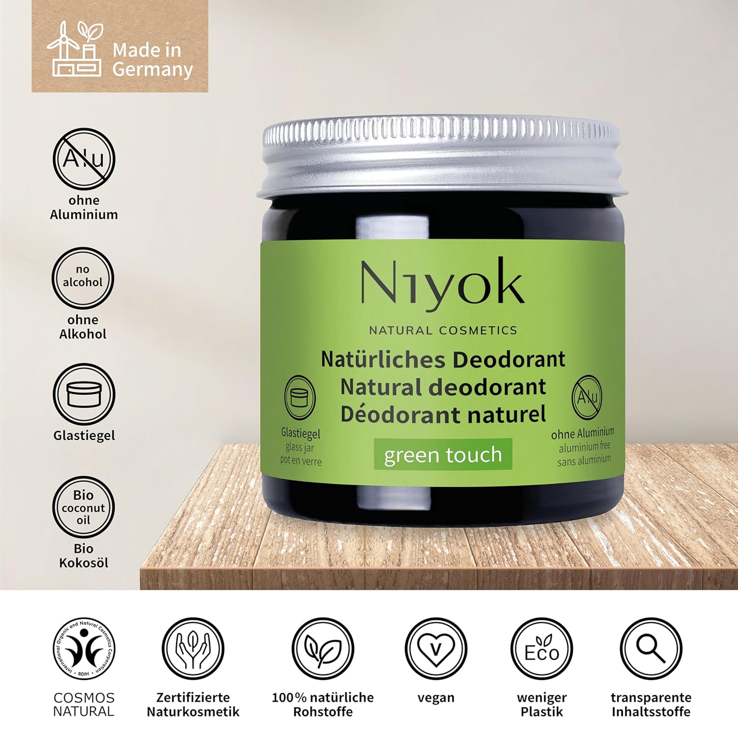 Niyok 2-in-1 Antitranspirant Deocreme „Green Touch“ (40 ml) • Natürliches Deo ohne Aluminium • 24h Schutz vor Geruch und Schweiß • Deocreme Unisex • Feste Deocreme vegan – Bild 3